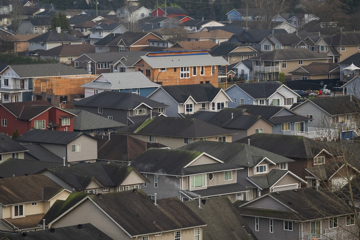 A dense suburban neighborhood with many houses.