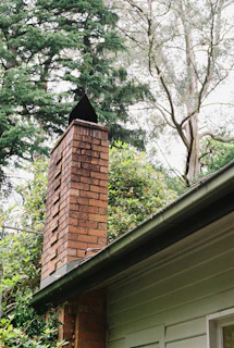Brick chimney on a house surrounded by trees