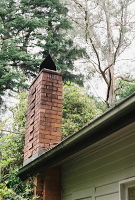 Brick chimney on a house surrounded by trees