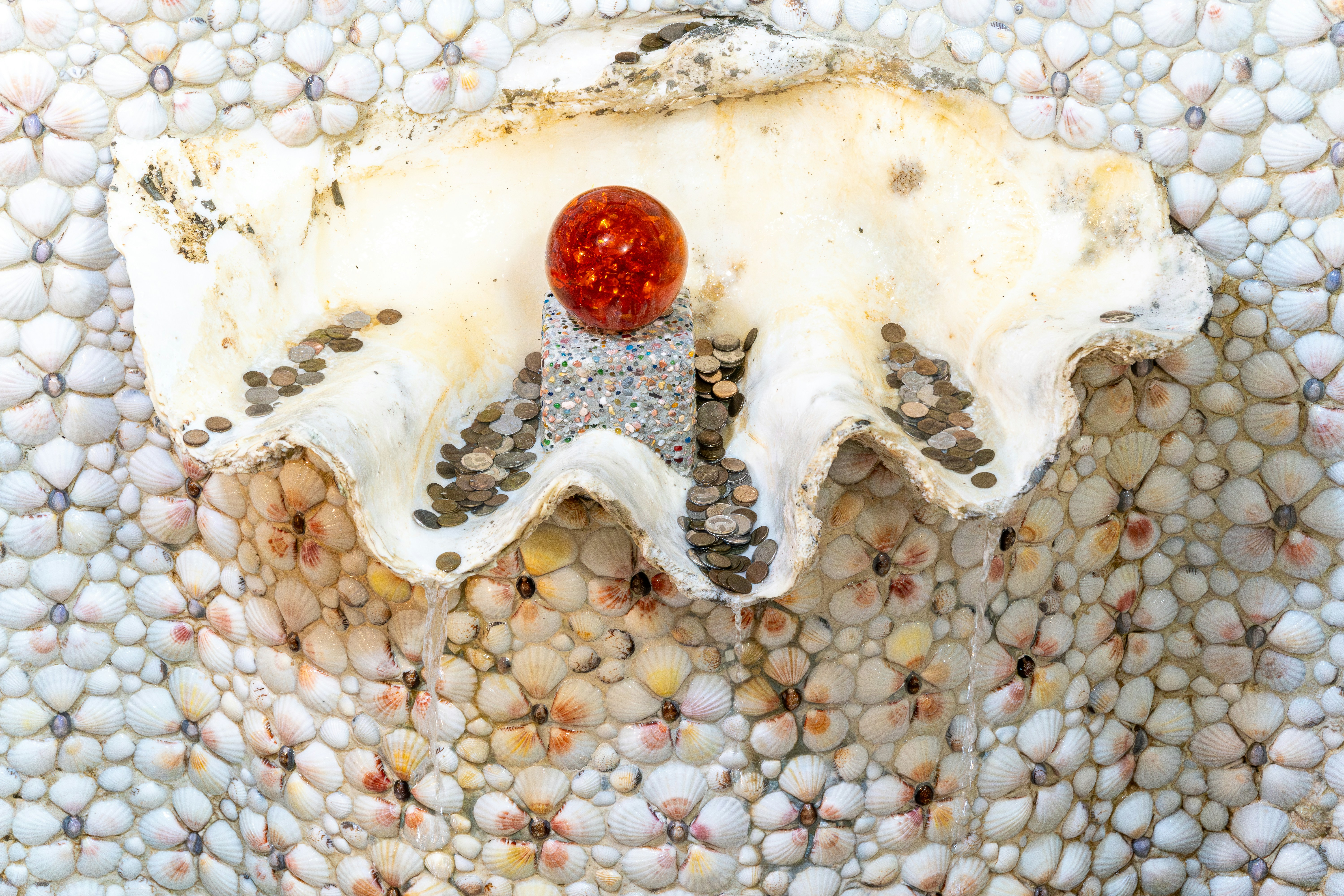 A single red pearl rests in a seashell