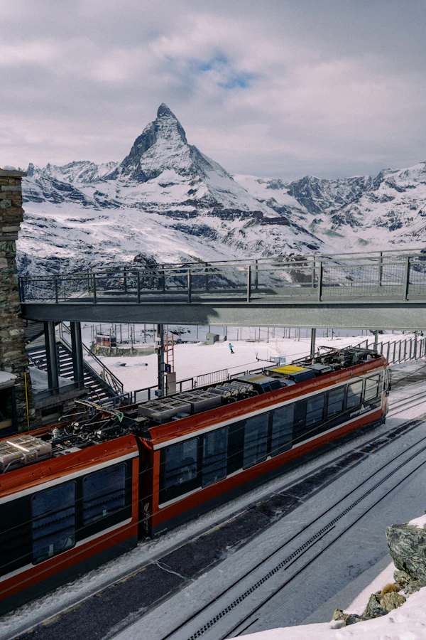 Red Gornergrat train beneath the Matterhorn, Zermatt