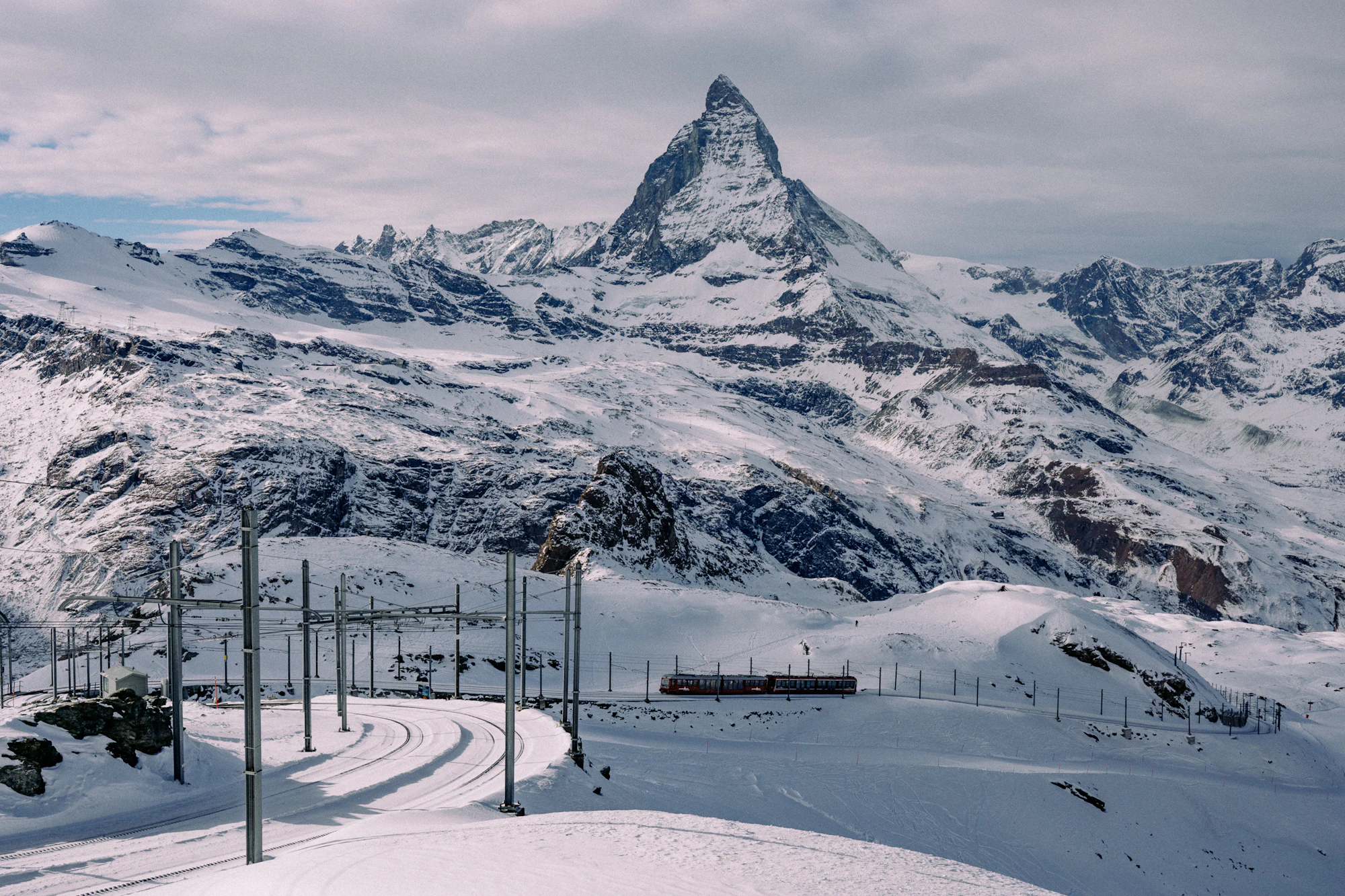 Snowy railway tracks and Matterhorn panorama at Gornergrat