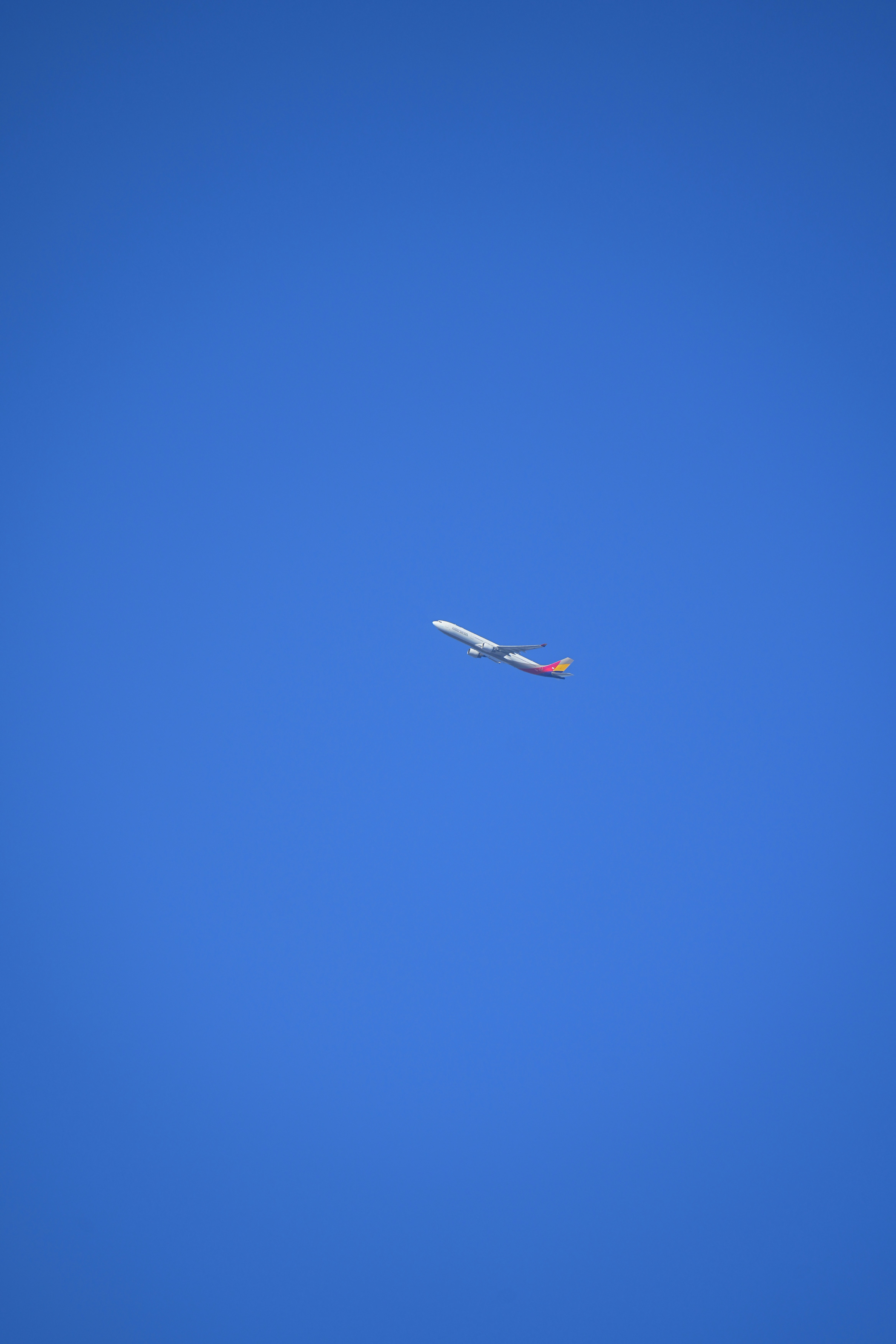 An airplane flying through a clear blue sky