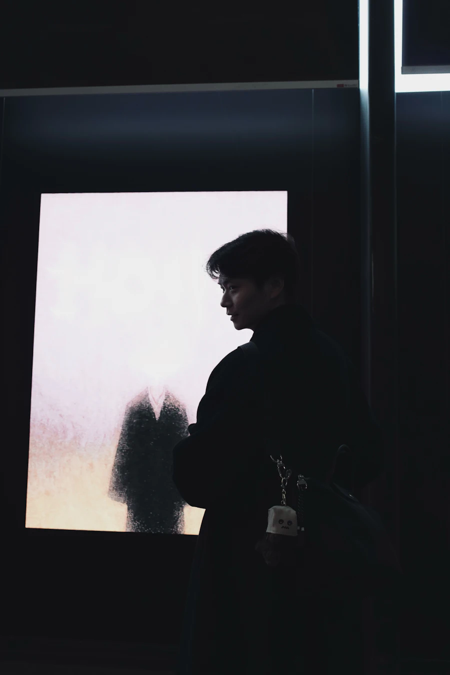 Visitor looking at abstract art in a dark gallery