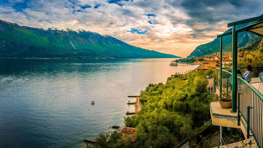Lake Garda and the mountains from a lakeside terrace in Limone, Italy