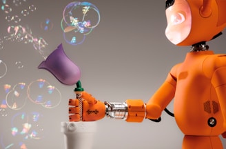 An orange robot blowing bubbles with a purple wand.