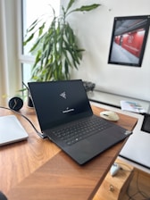 Open black laptop on a wooden desk with plant.