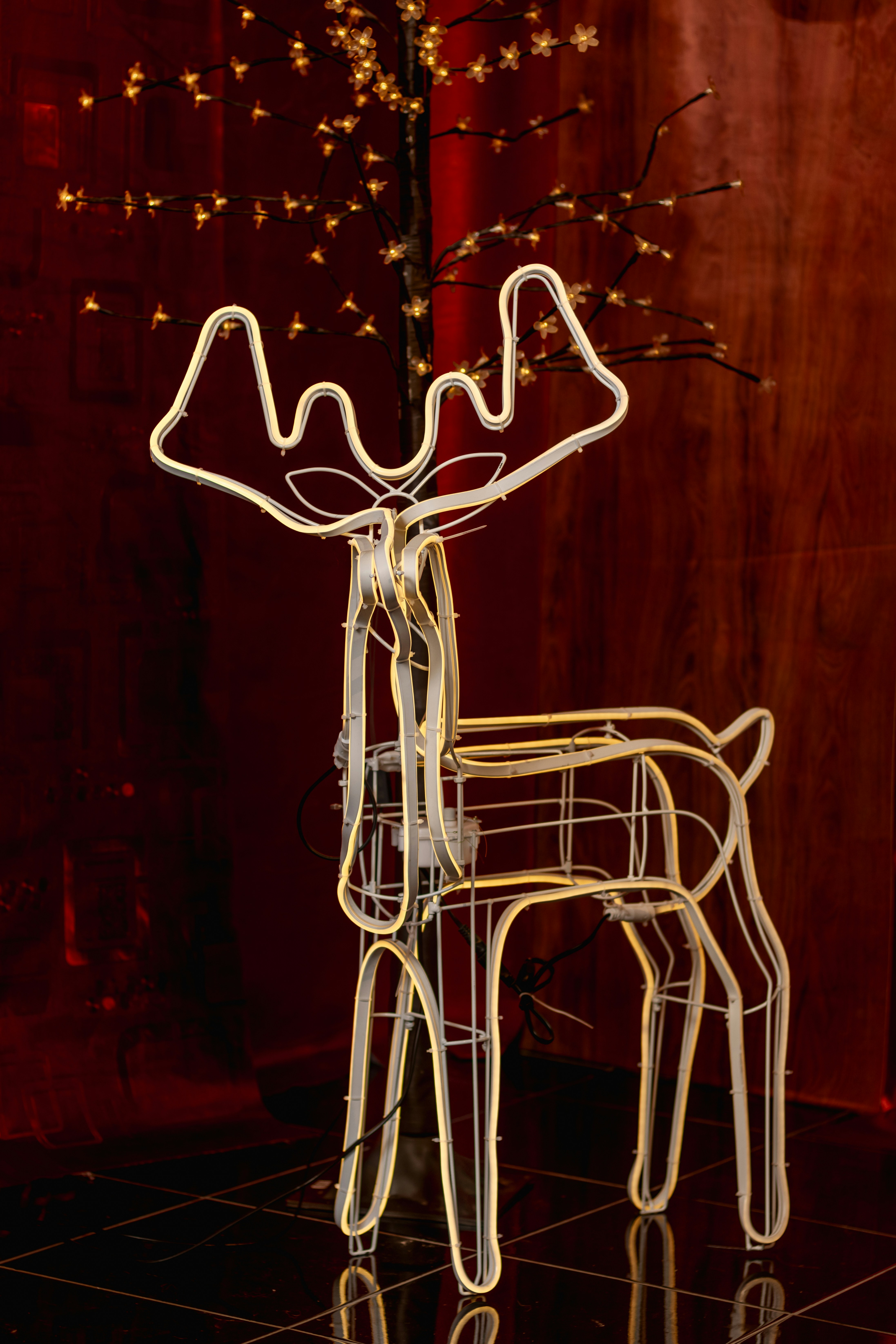 Illuminated reindeer decoration with festive lights