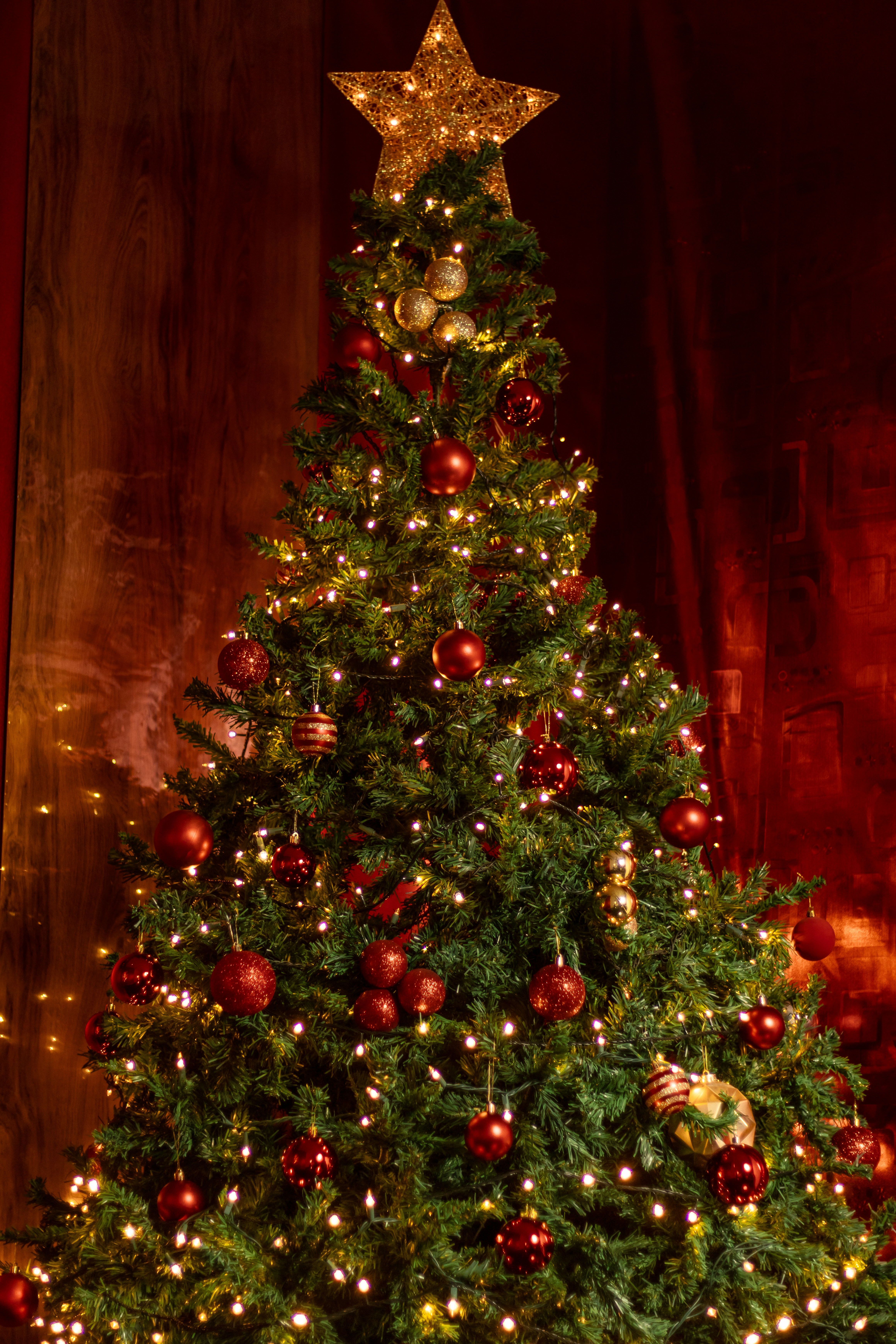 A decorated christmas tree with warm lights and ornaments.
