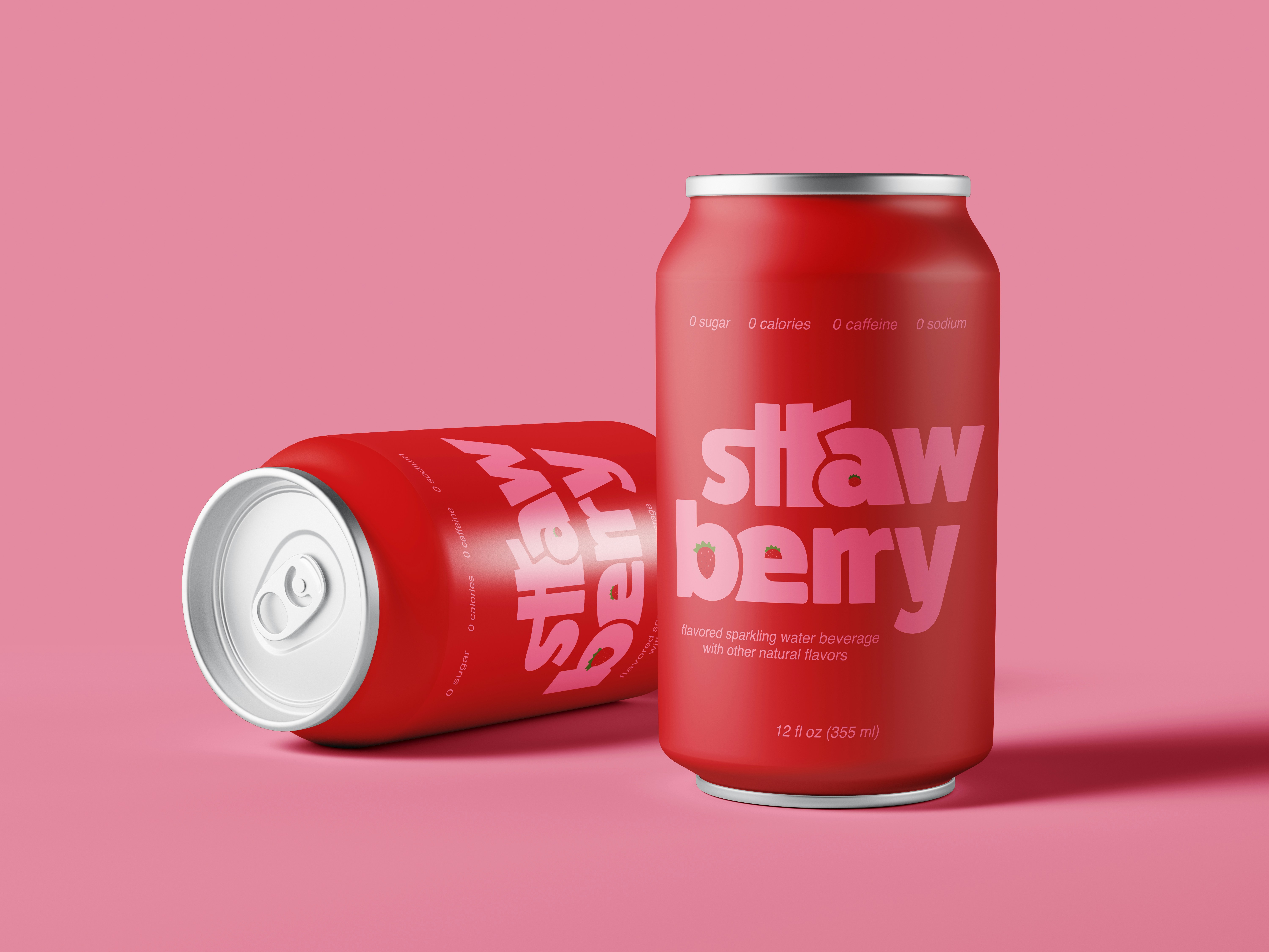 Two red strawberry soda cans on pink background
