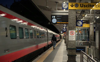 Train at a station platform with exit sign