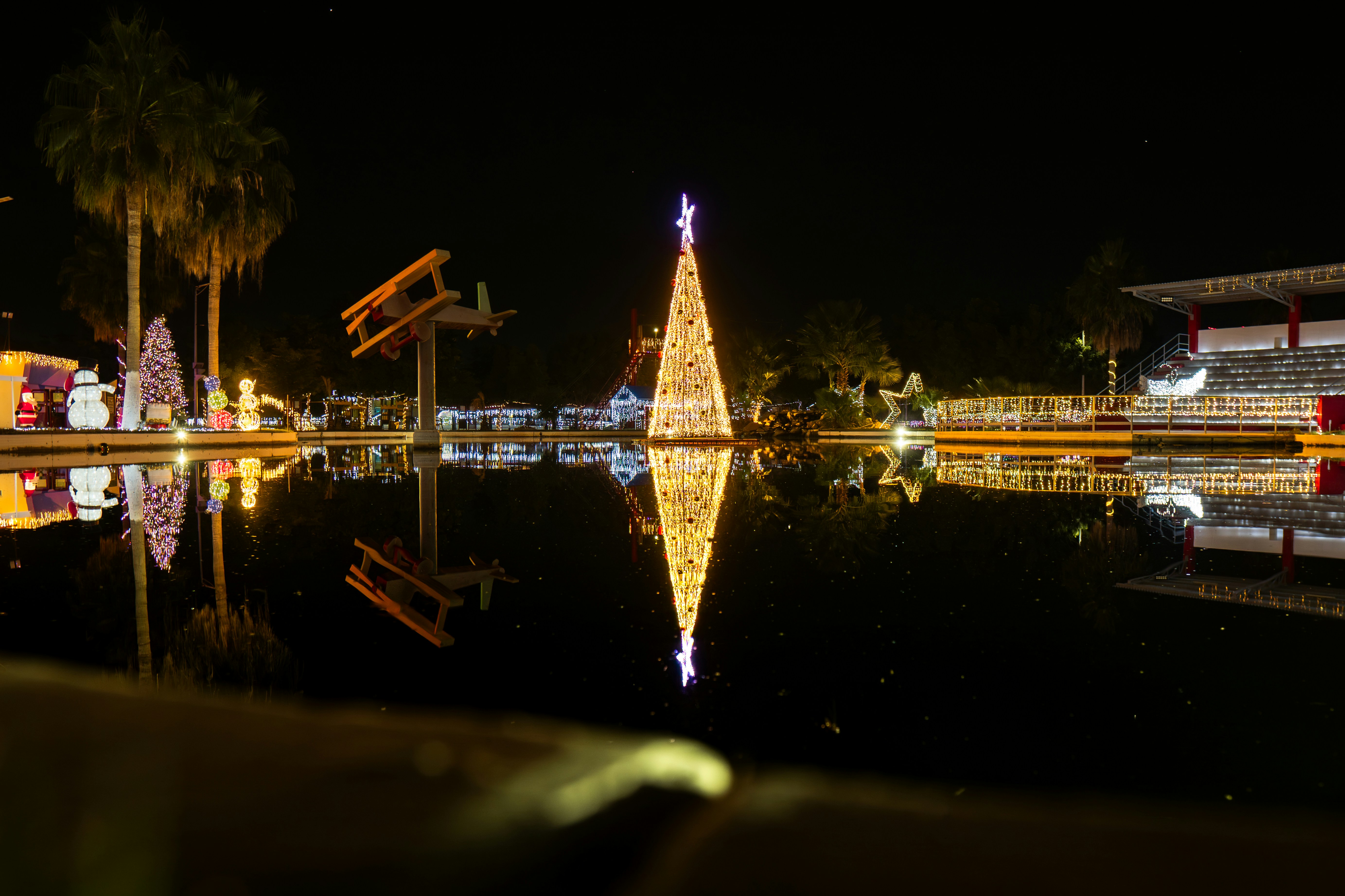 Illuminated christmas tree reflected in water at night