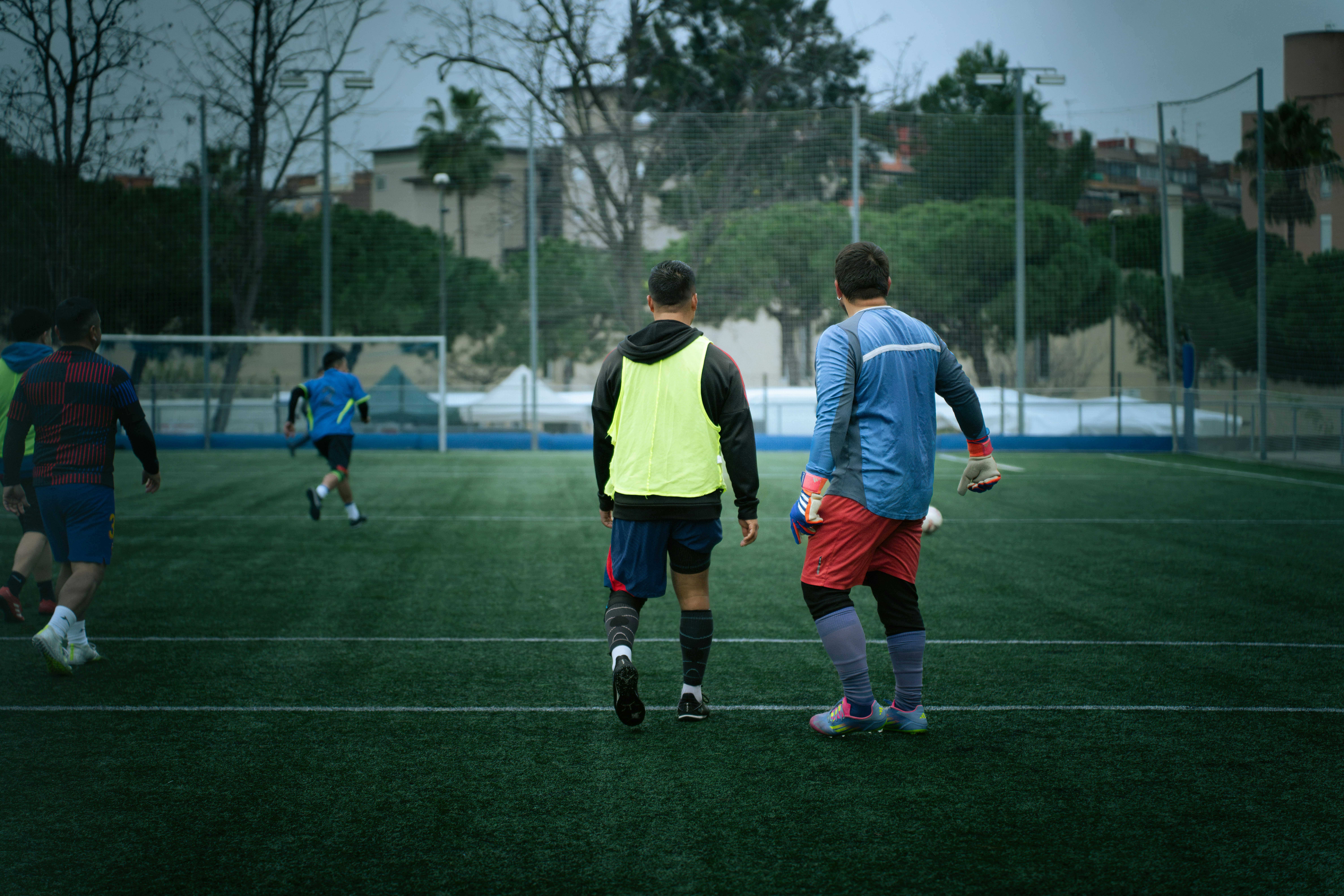 Soccer players training on a field