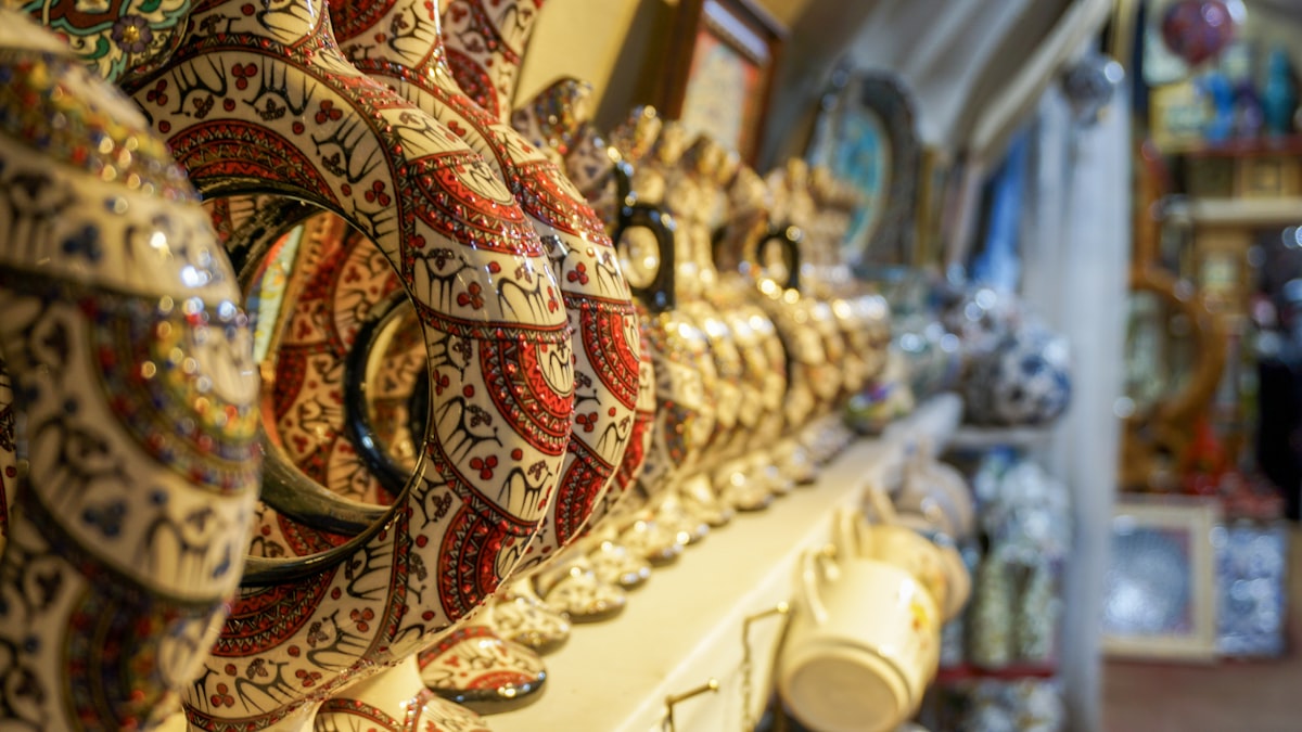 Avanos Cappadocia — traditional Hittite Sun ceramic pottery handcrafted in the Red River pottery town