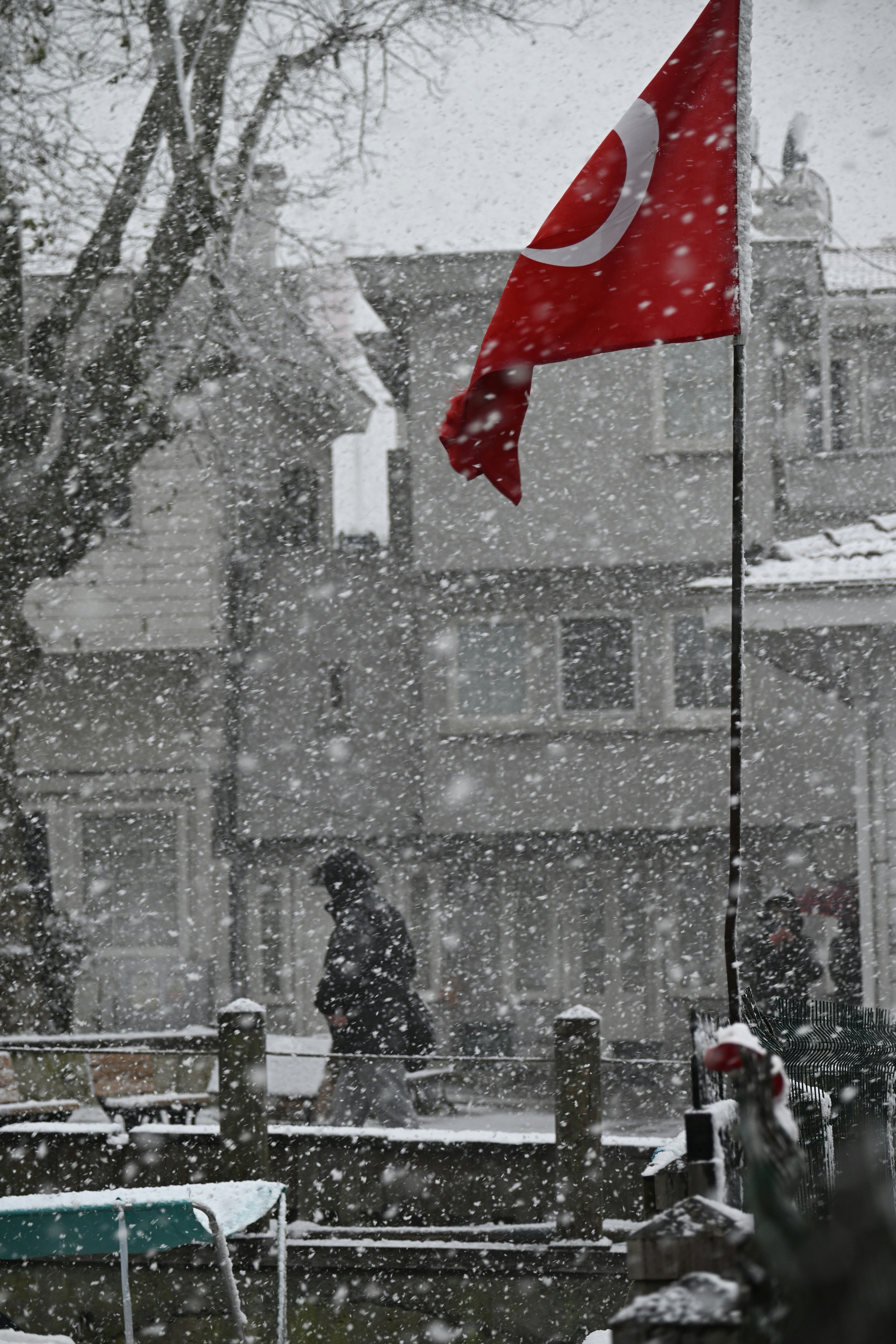 Turkish flag waving during a snowstorm
