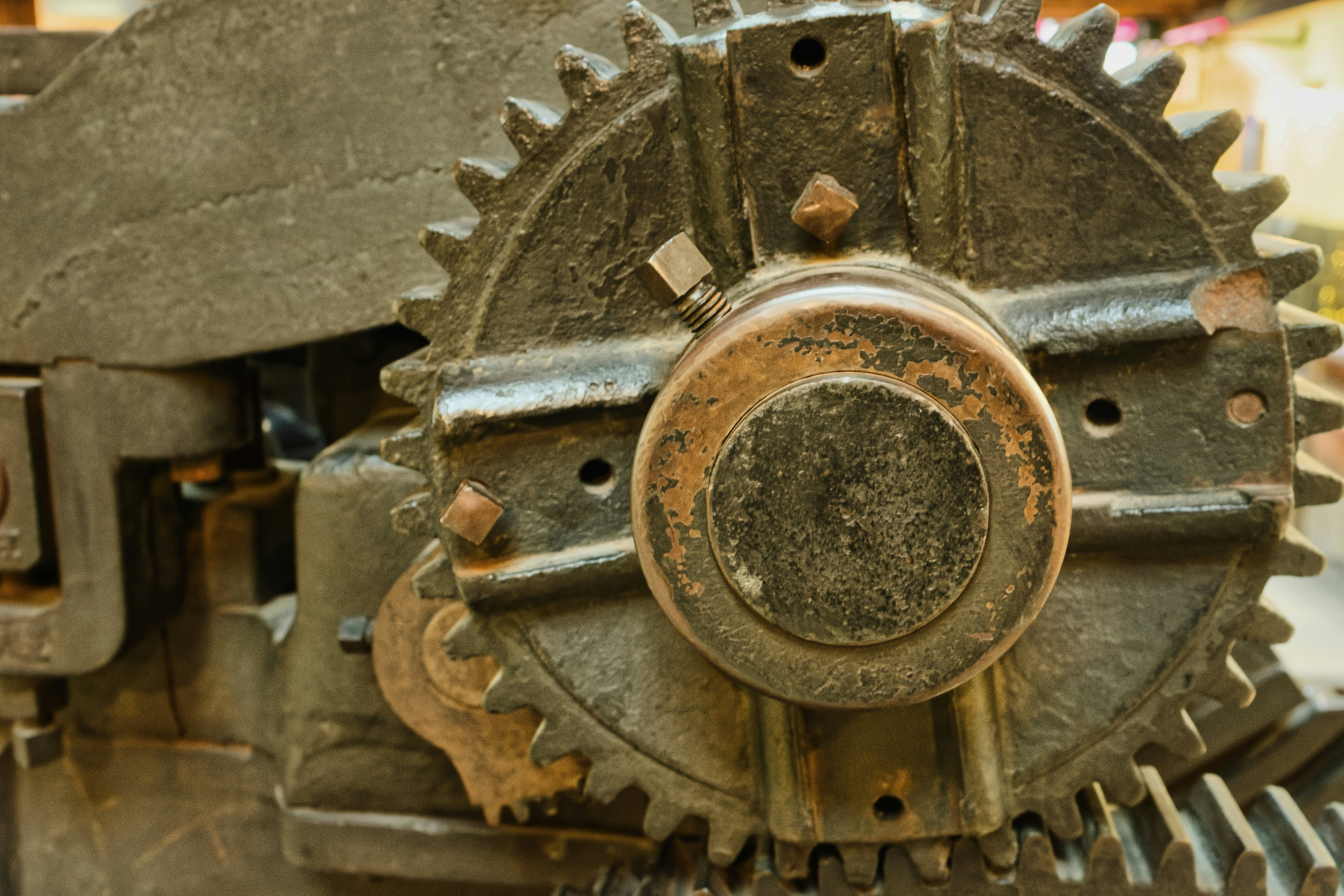 Close-up of old rusty gears and machinery.