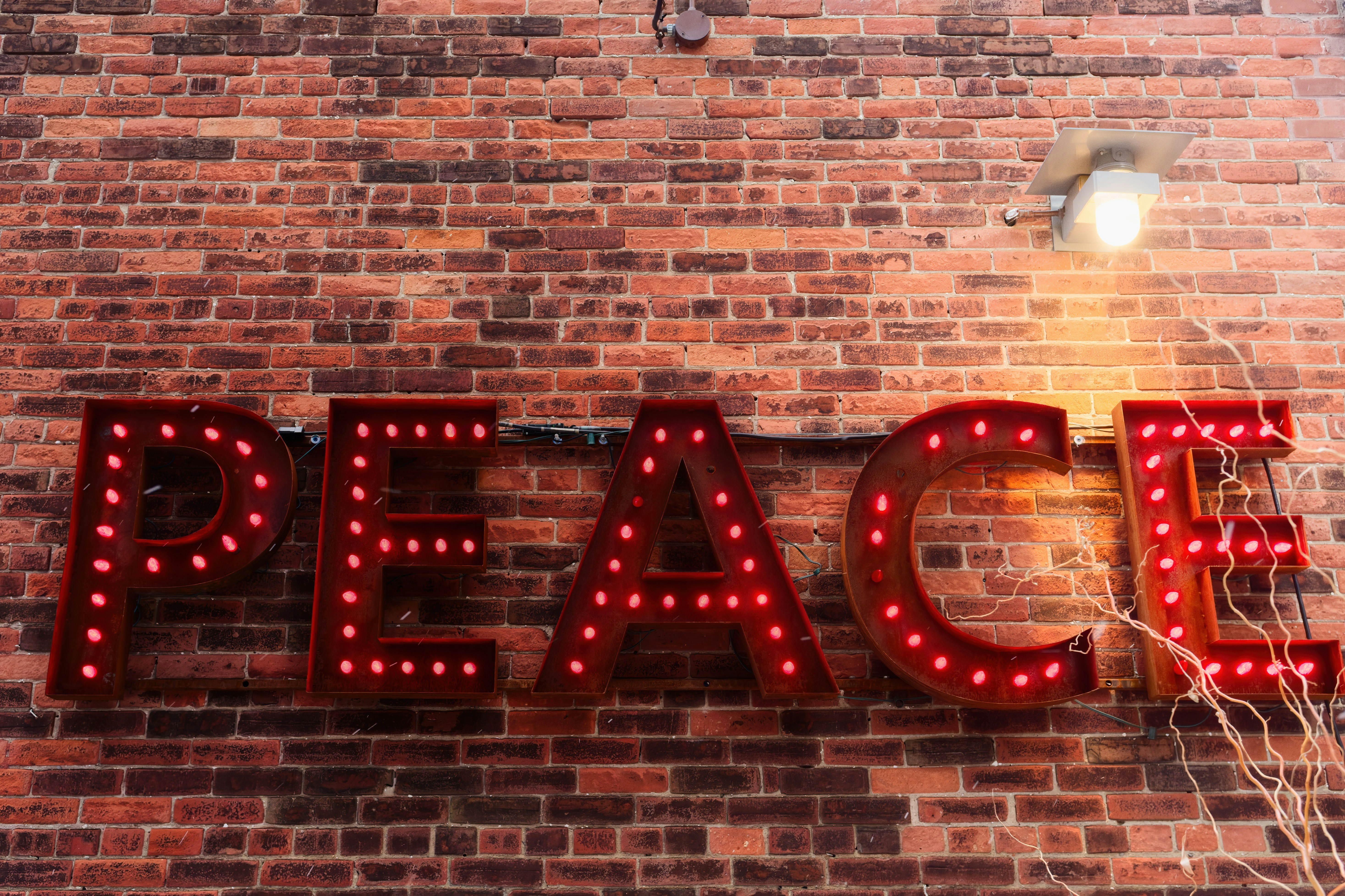 Marquee letters spell out the word peace on brick wall.