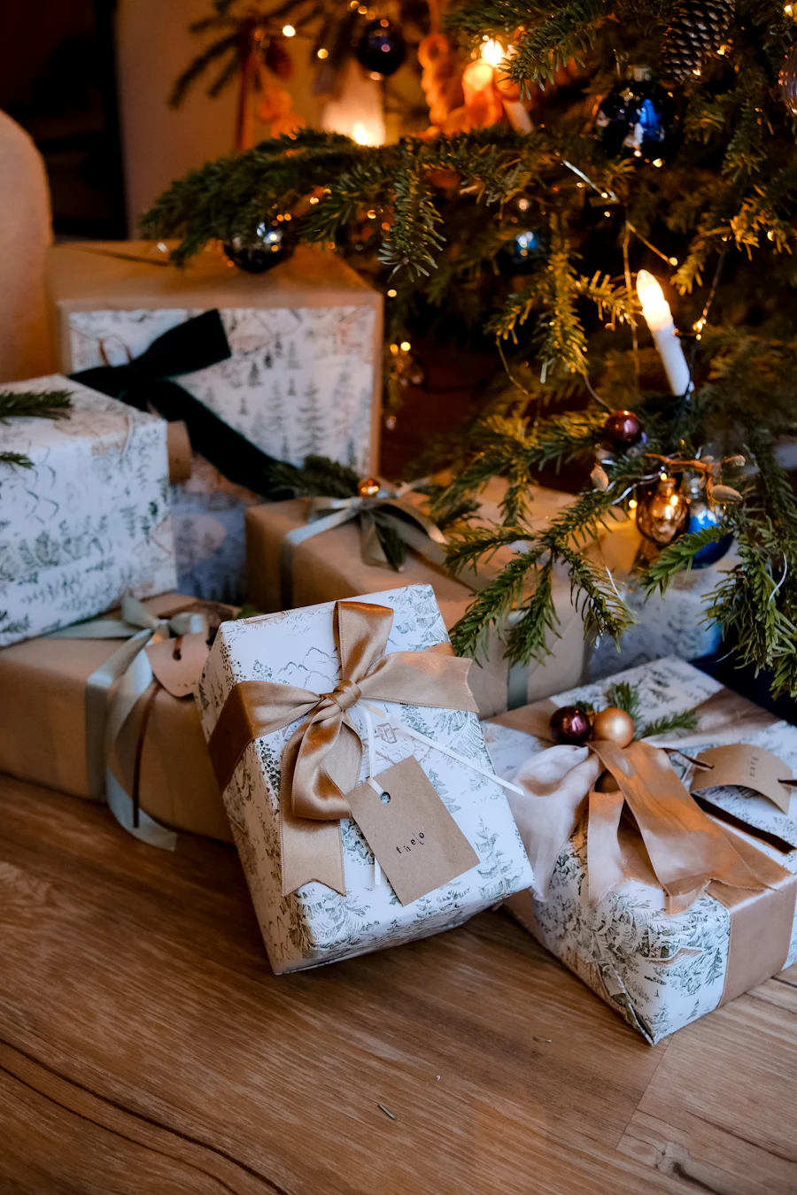 Wrapped Christmas presents under a tree