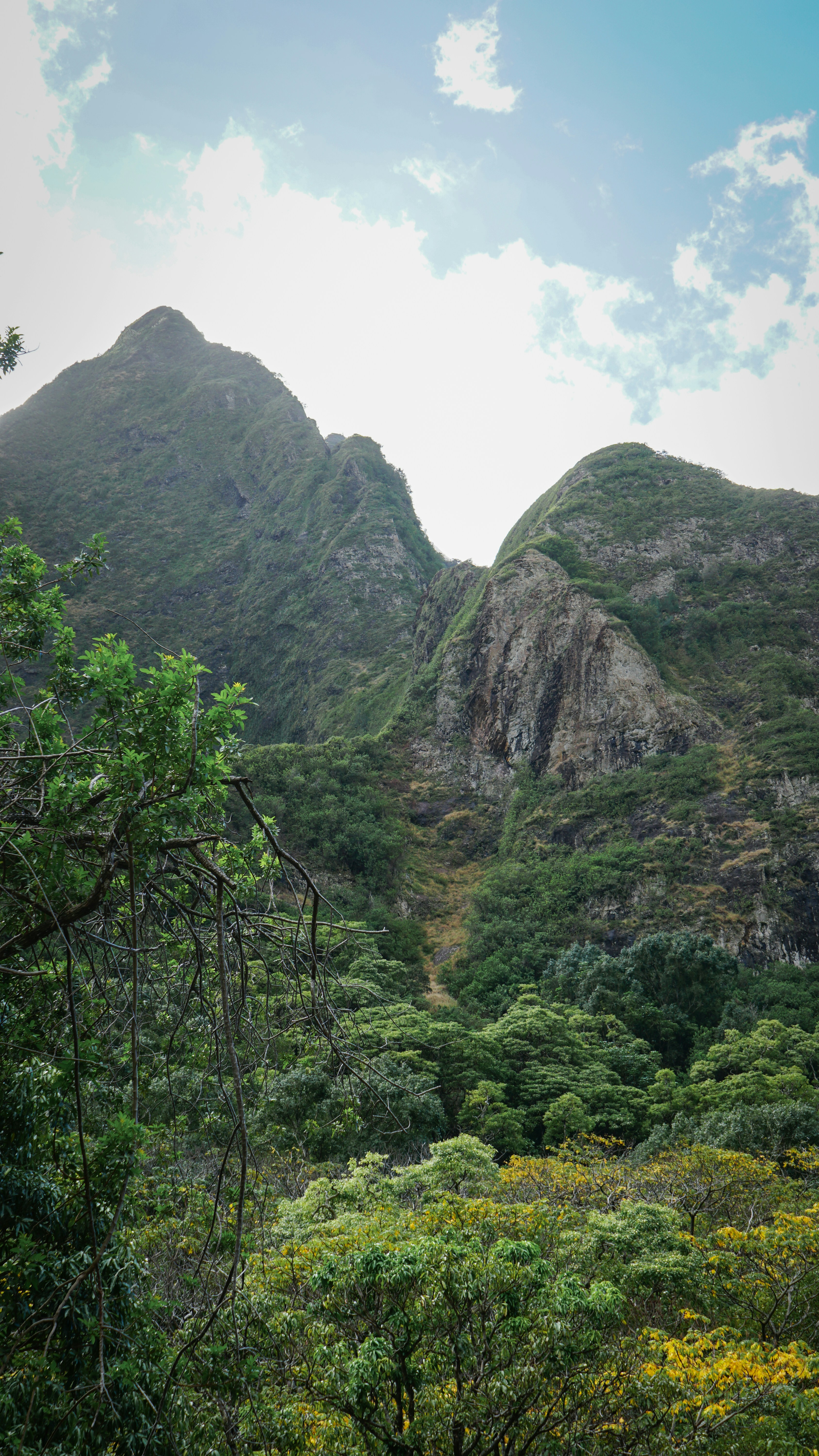 Lush green mountains under a cloudy sky.