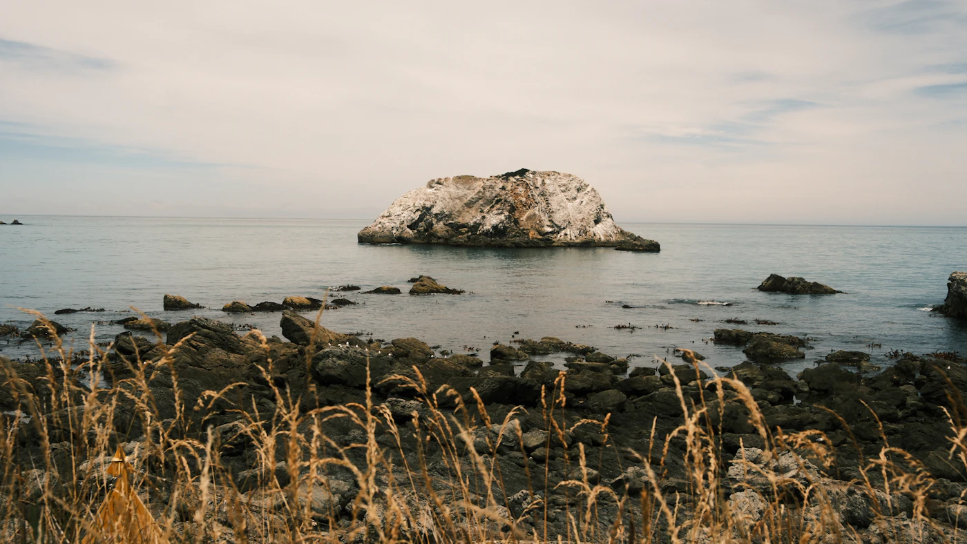 Rocky islet off the rugged Kaikoura coast, New Zealand