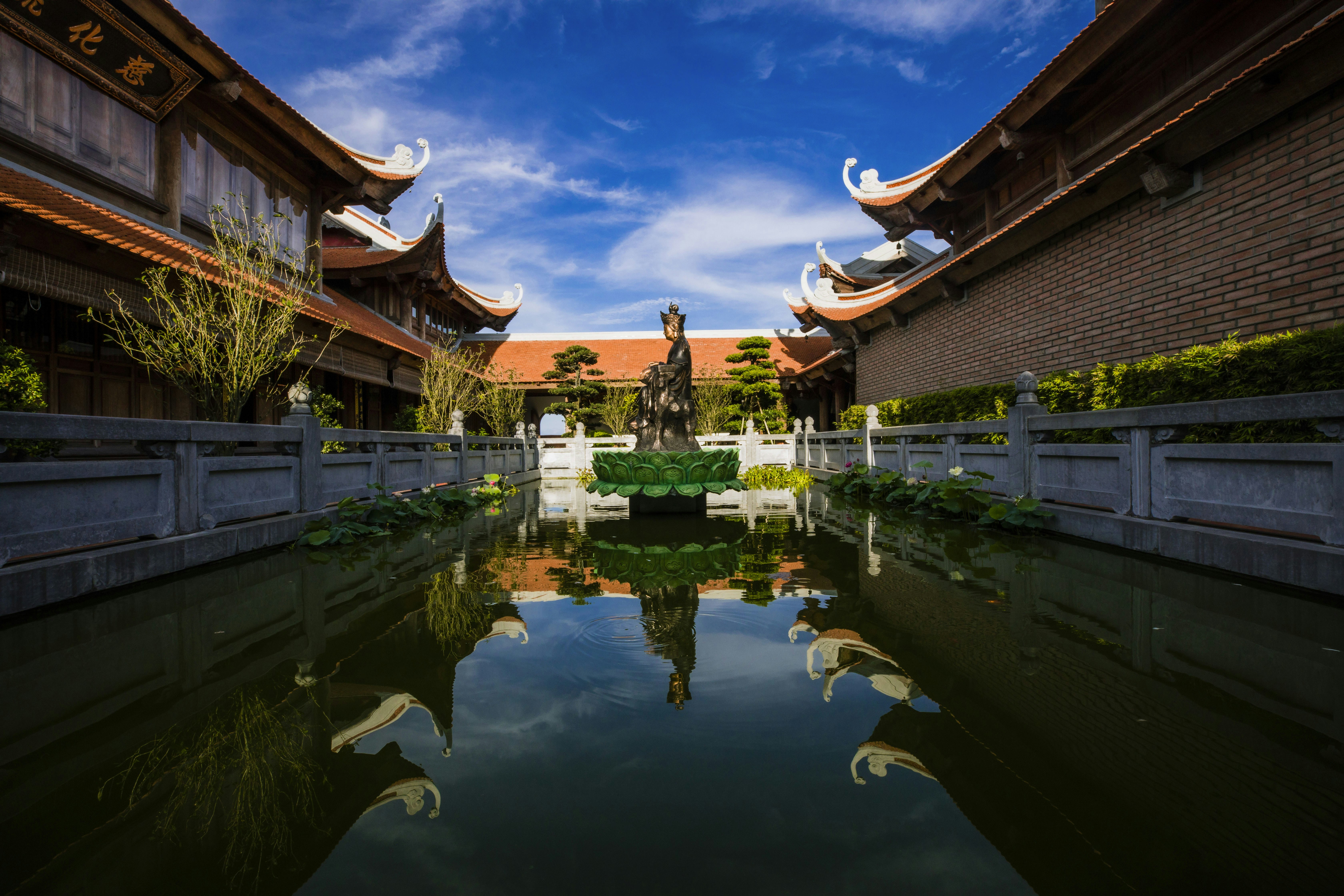 Temple courtyard with reflecting pond and blue sky