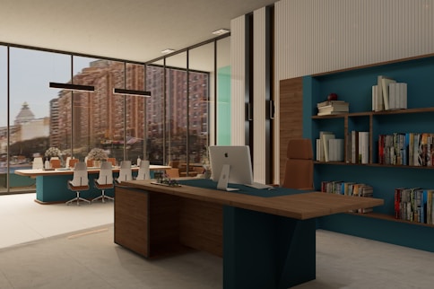 Modern office with desk and bookshelves