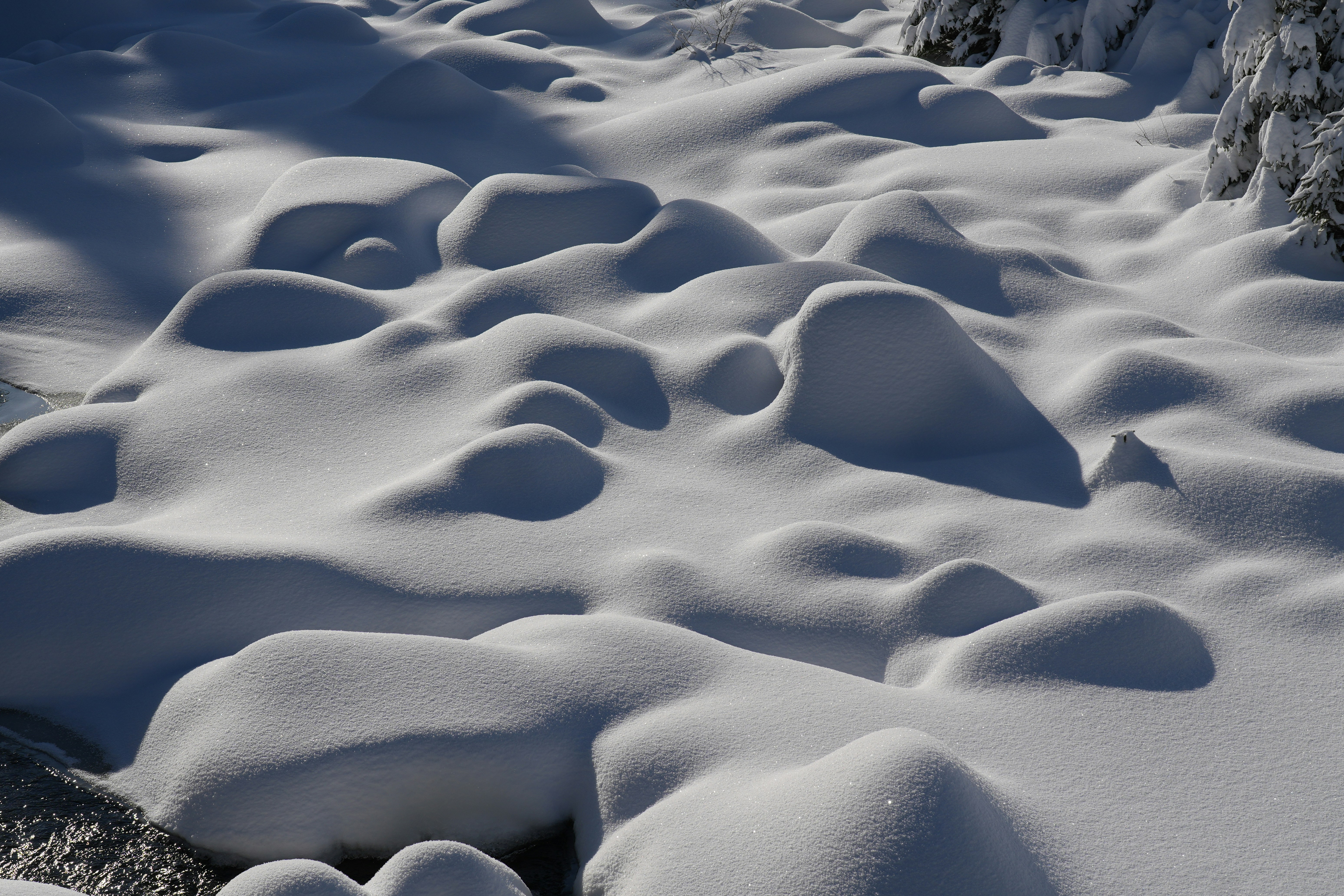 Snow-covered rocks casting shadows in sunlight.