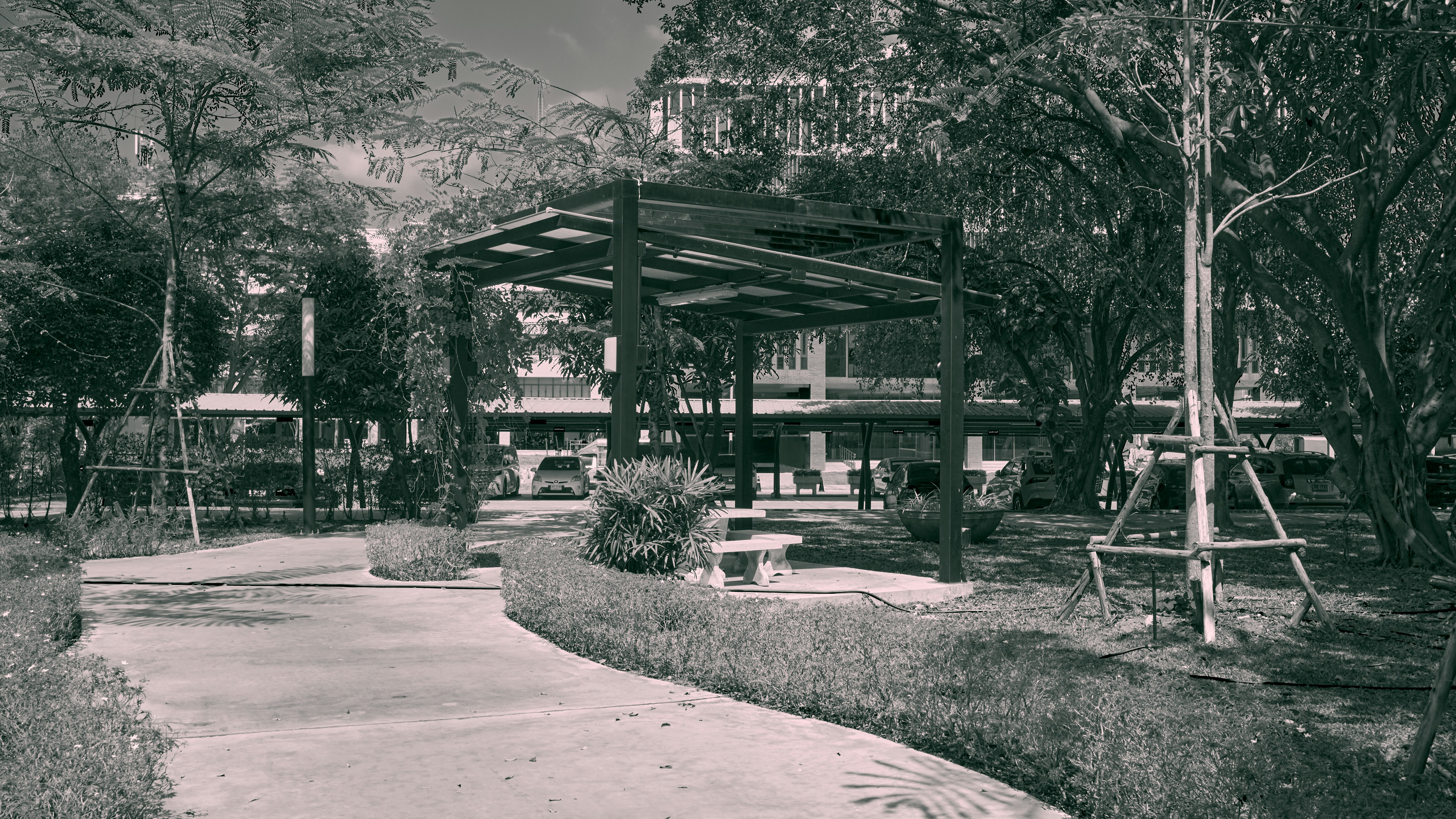 A shaded park path with a pergola and benches.