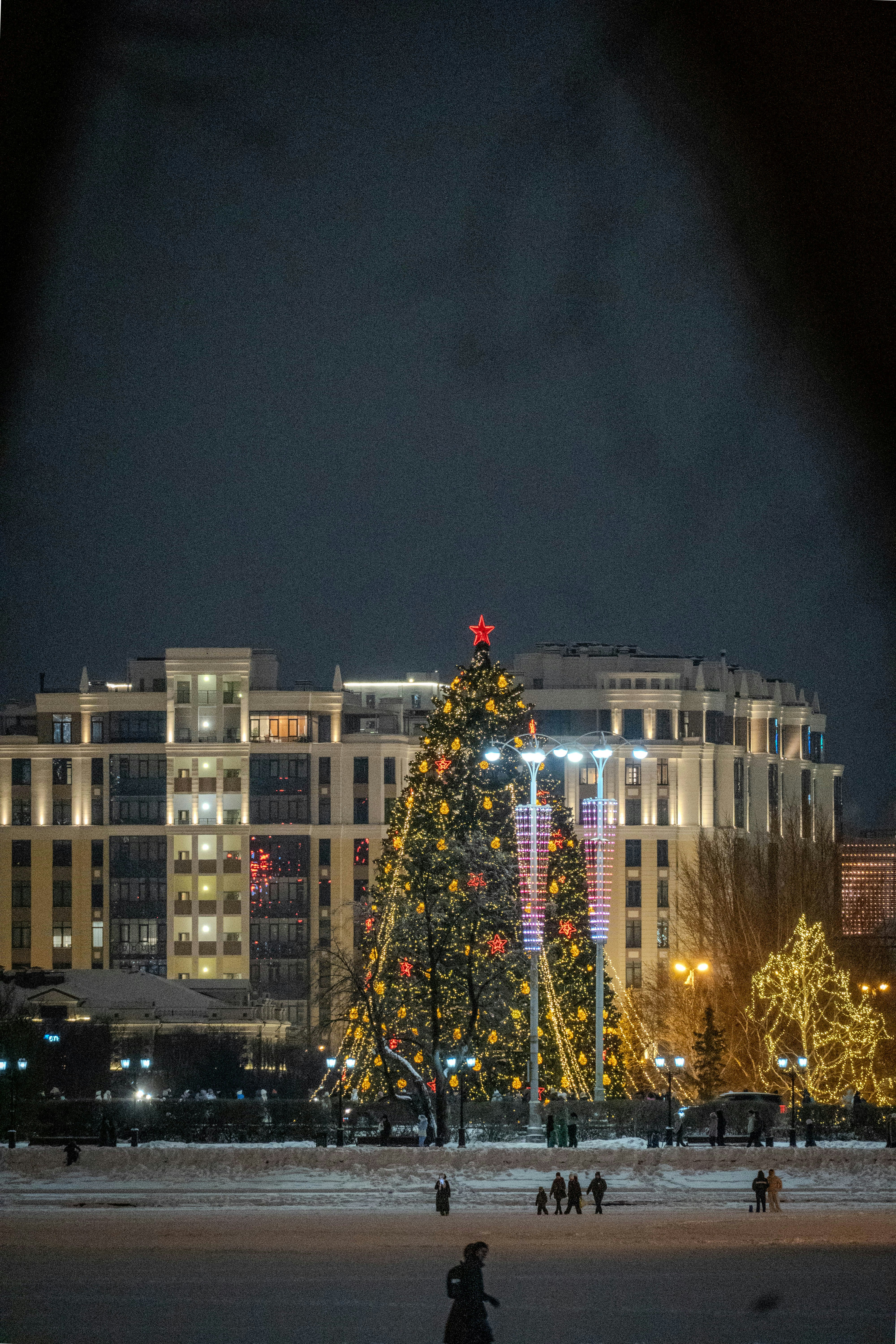Árbol de Navidad decorado delante de un edificio iluminado por la noche.