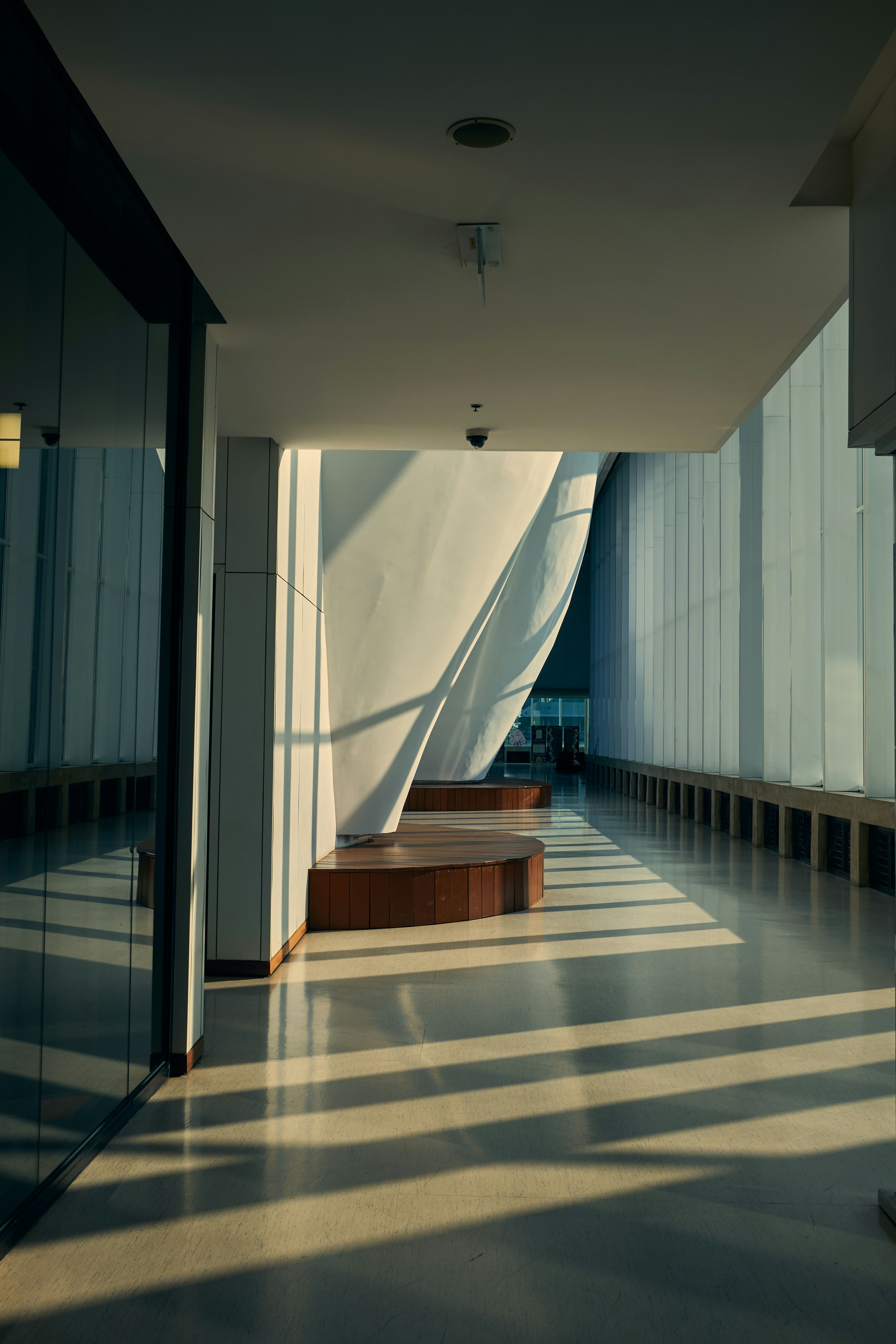 A quiet modern corridor shaped by natural light and shadow. Clean lines, soft curves, and open space create a calm, minimalist atmosphere inside contemporary architecture.