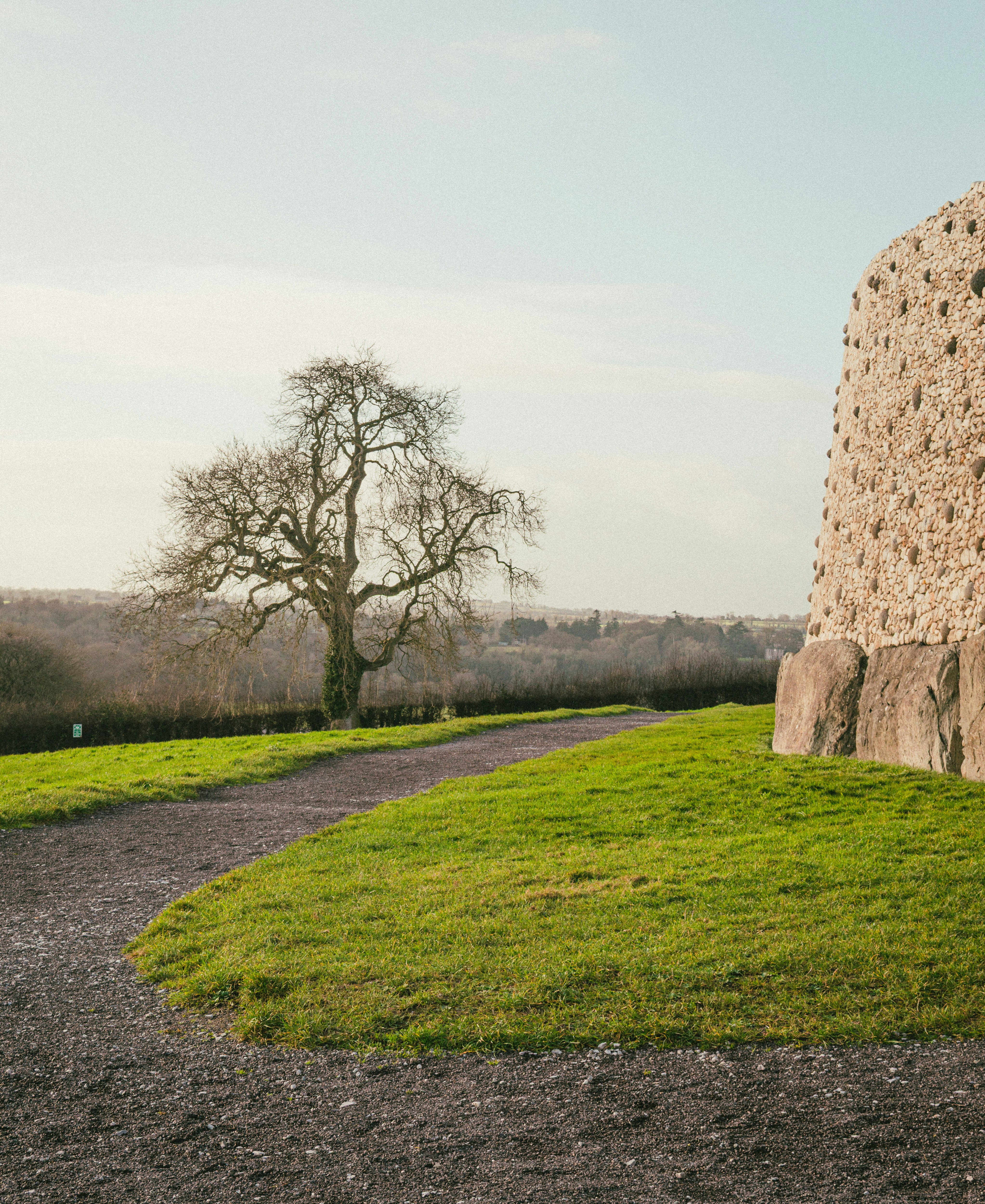 Stone structure and bare tree beside grassy path