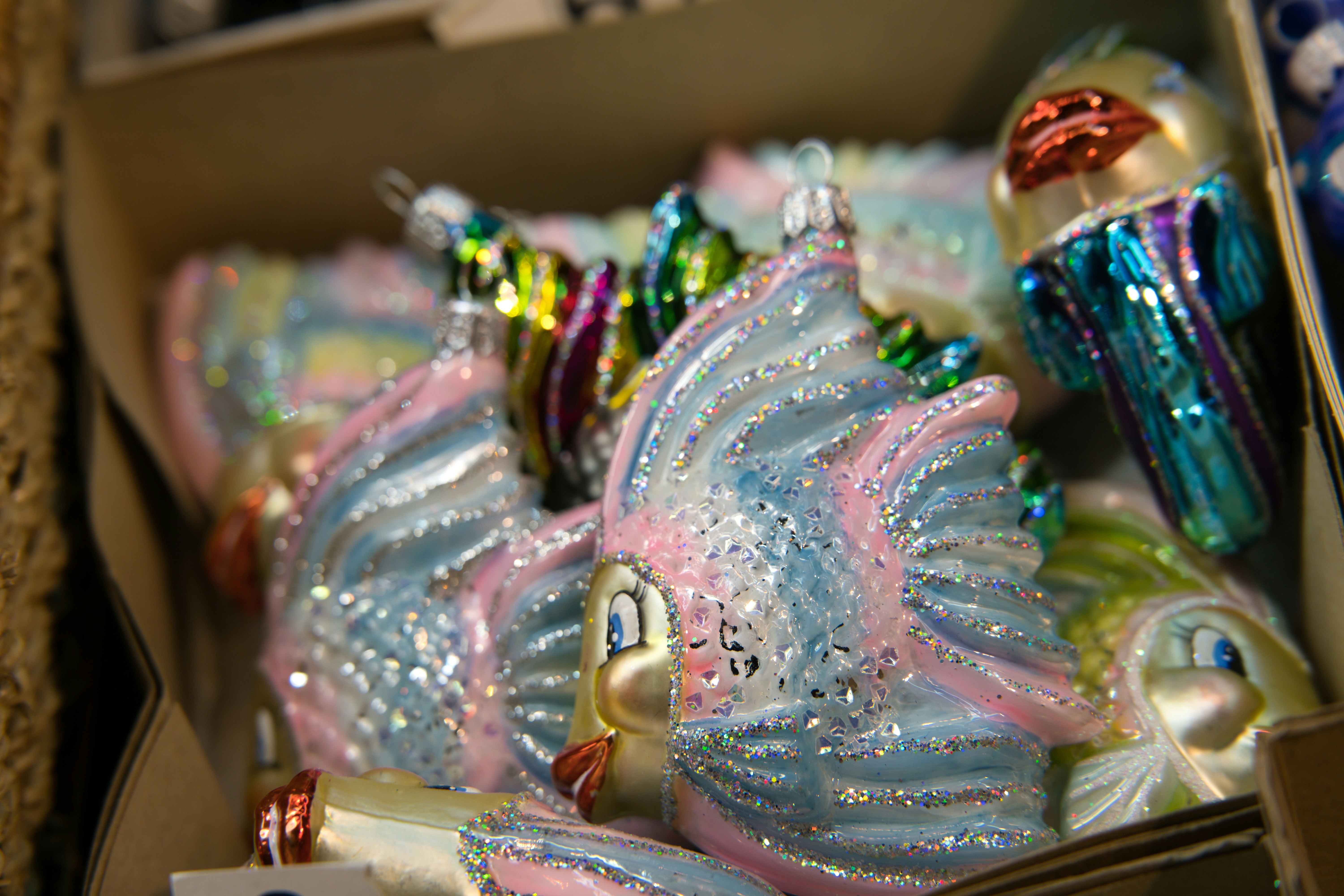 Several colorful fish-shaped ornaments in a box