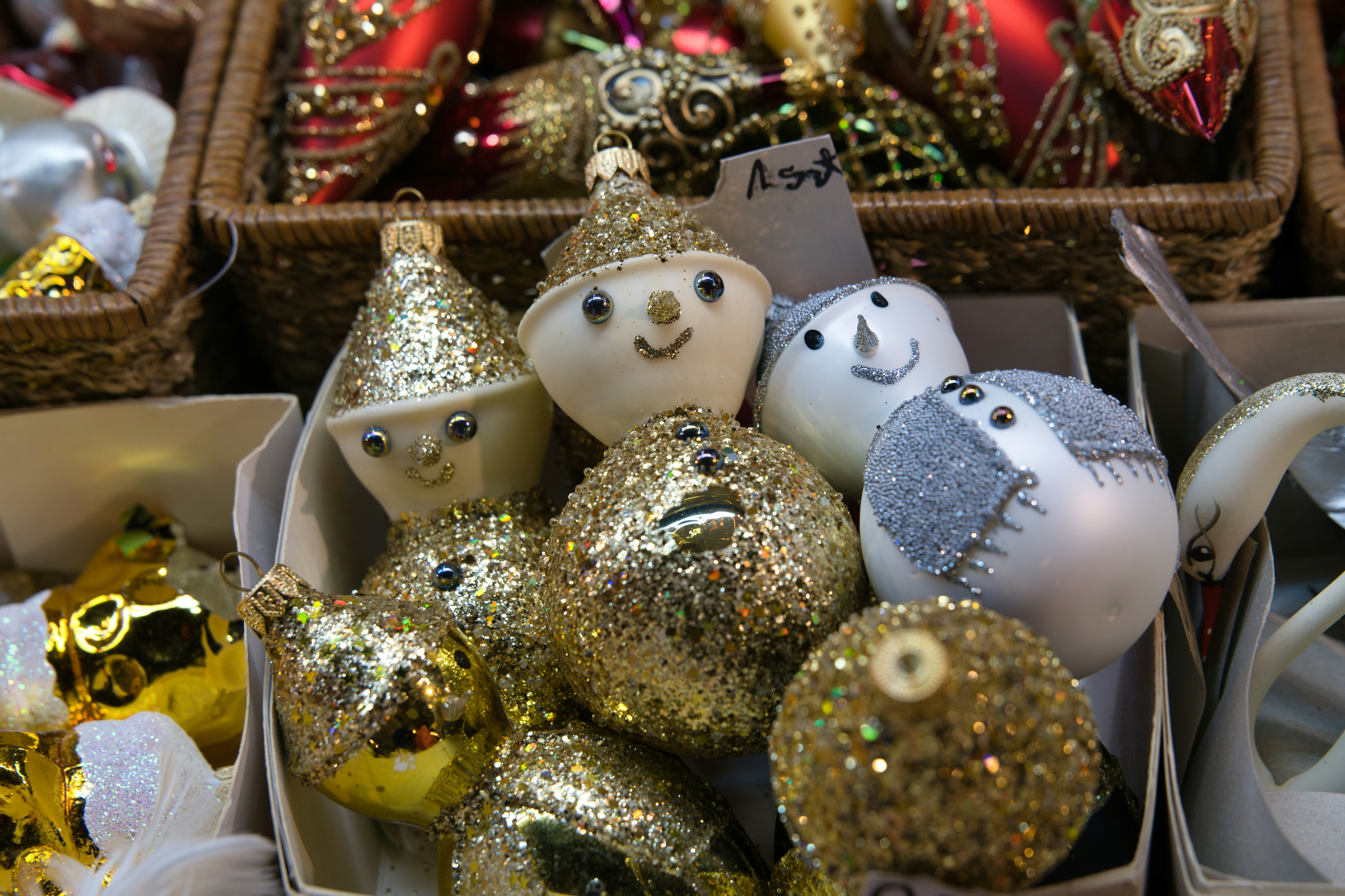 Assortment of festive christmas ornaments with glitter
