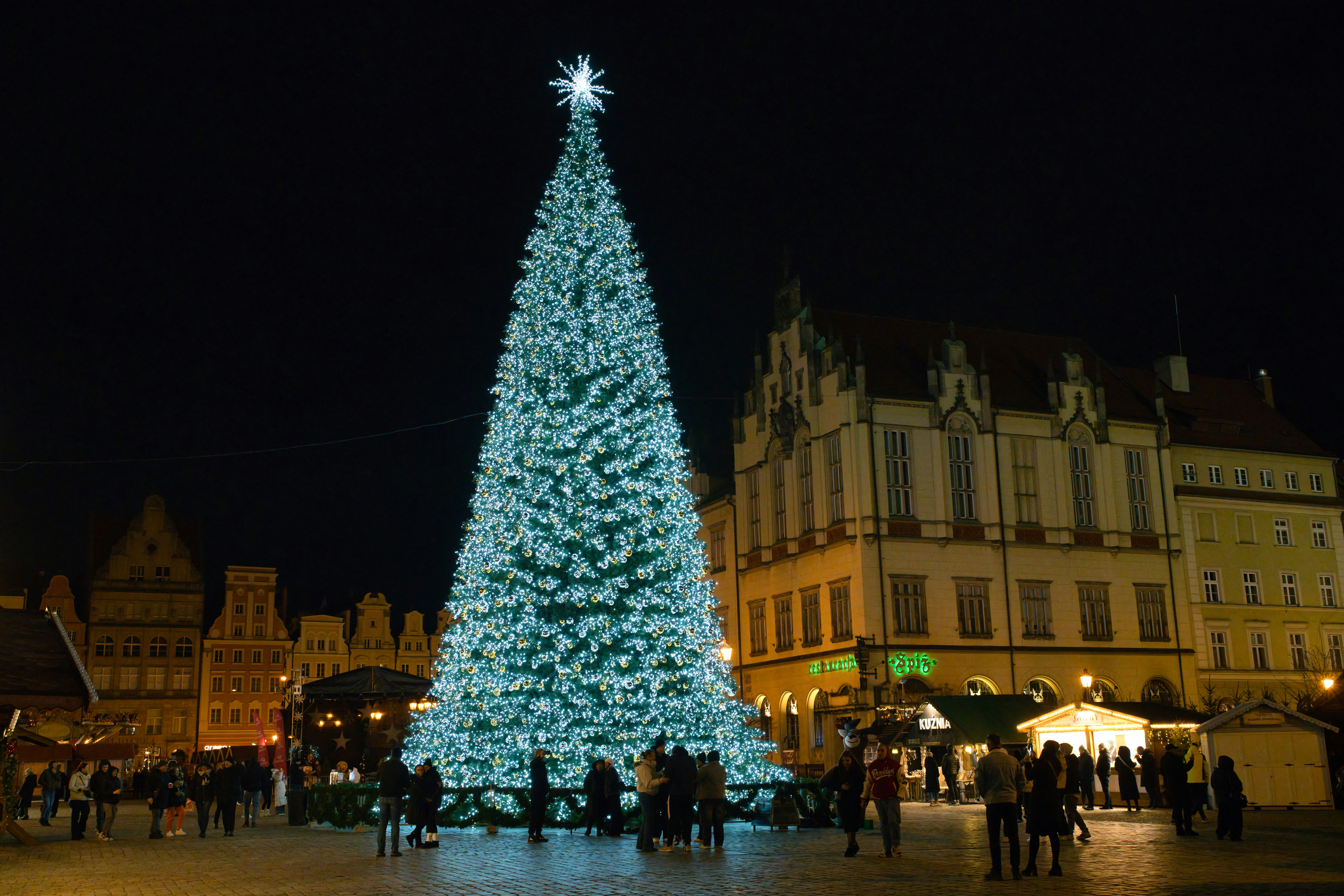 Giant illuminated christmas tree in town square at night
