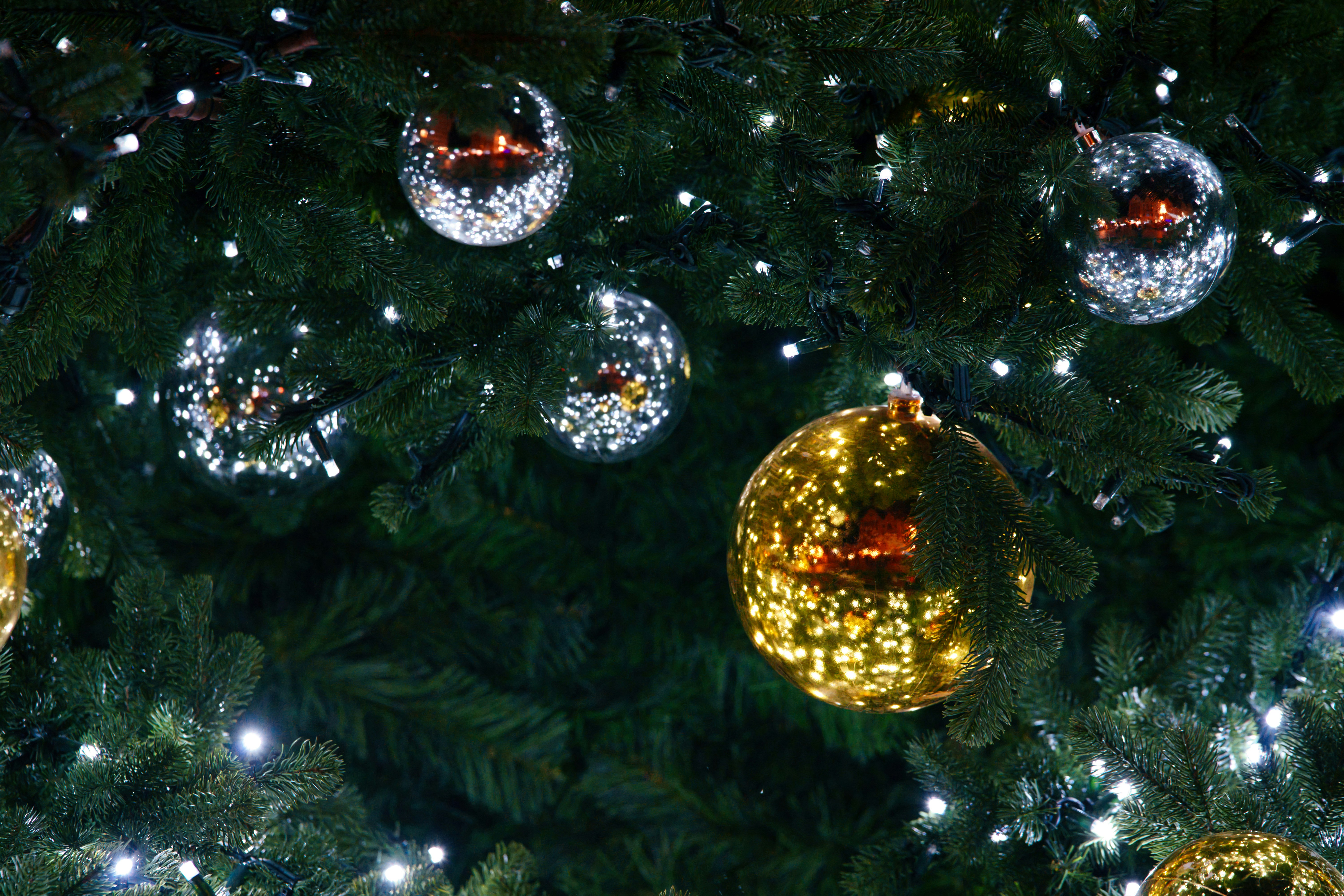 Christmas tree decorated with ornaments and lights