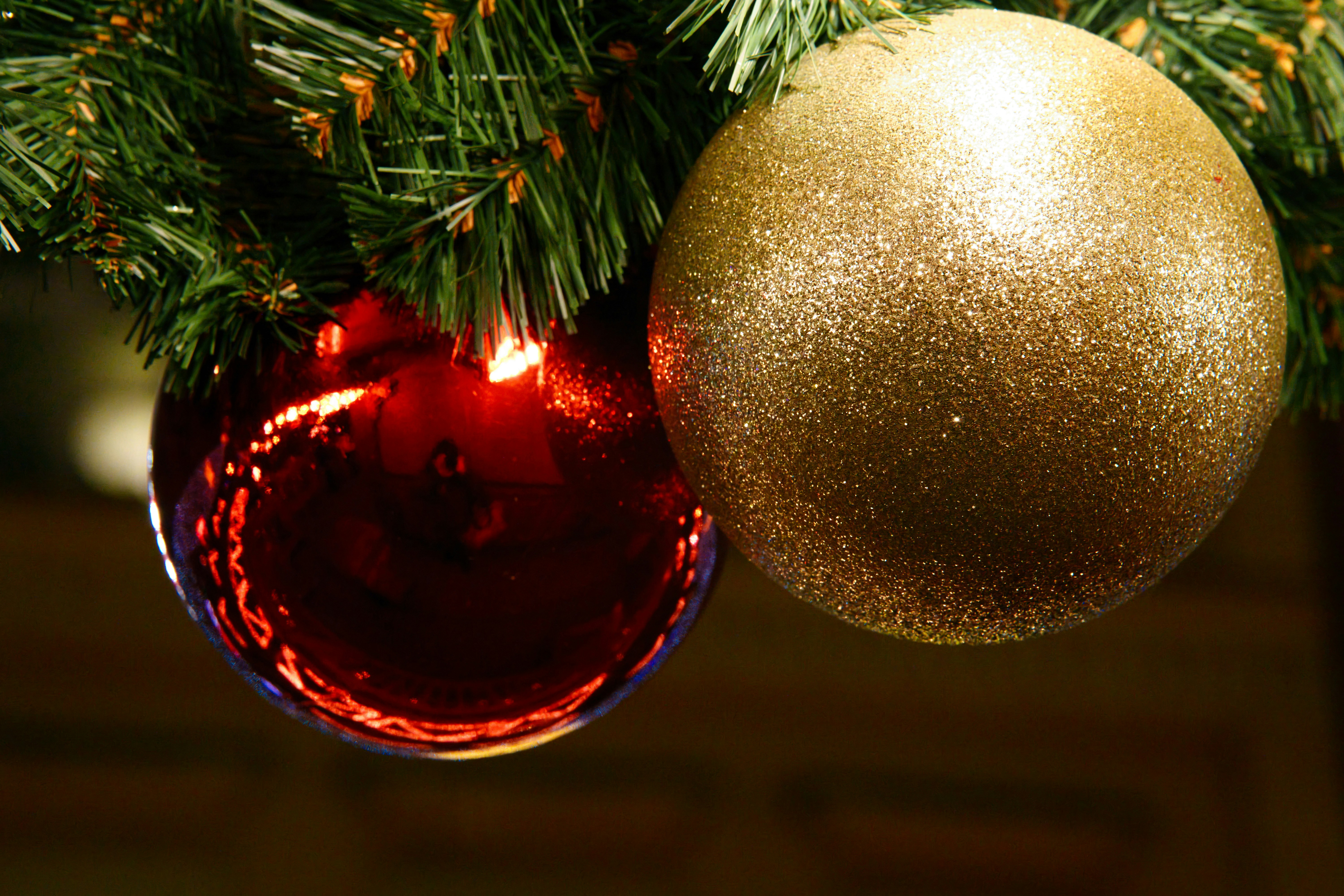 Two christmas ornaments on a tree