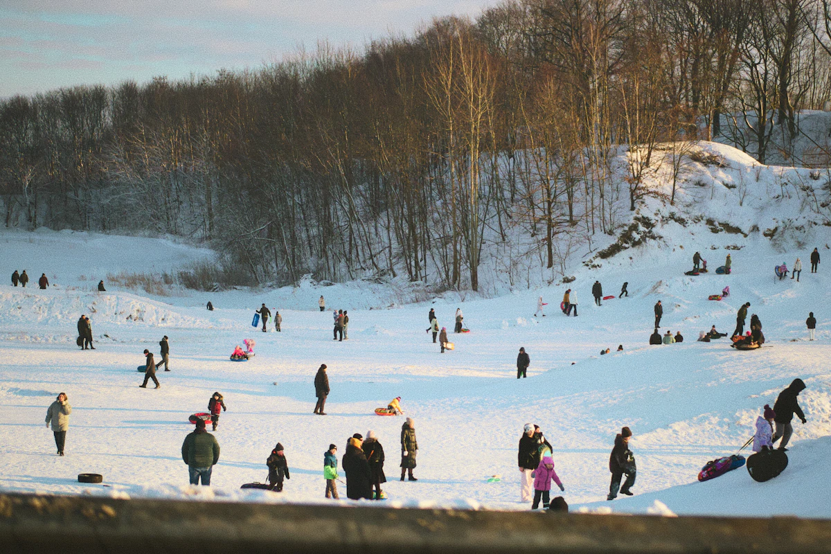People sledding down snowy hills