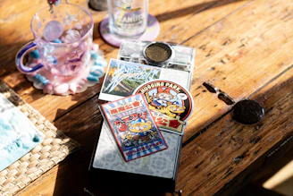 Patches and glasses on a wooden table