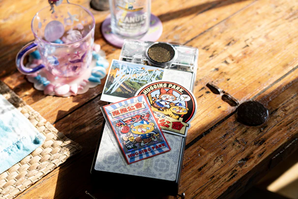 Patches and glasses on a wooden table