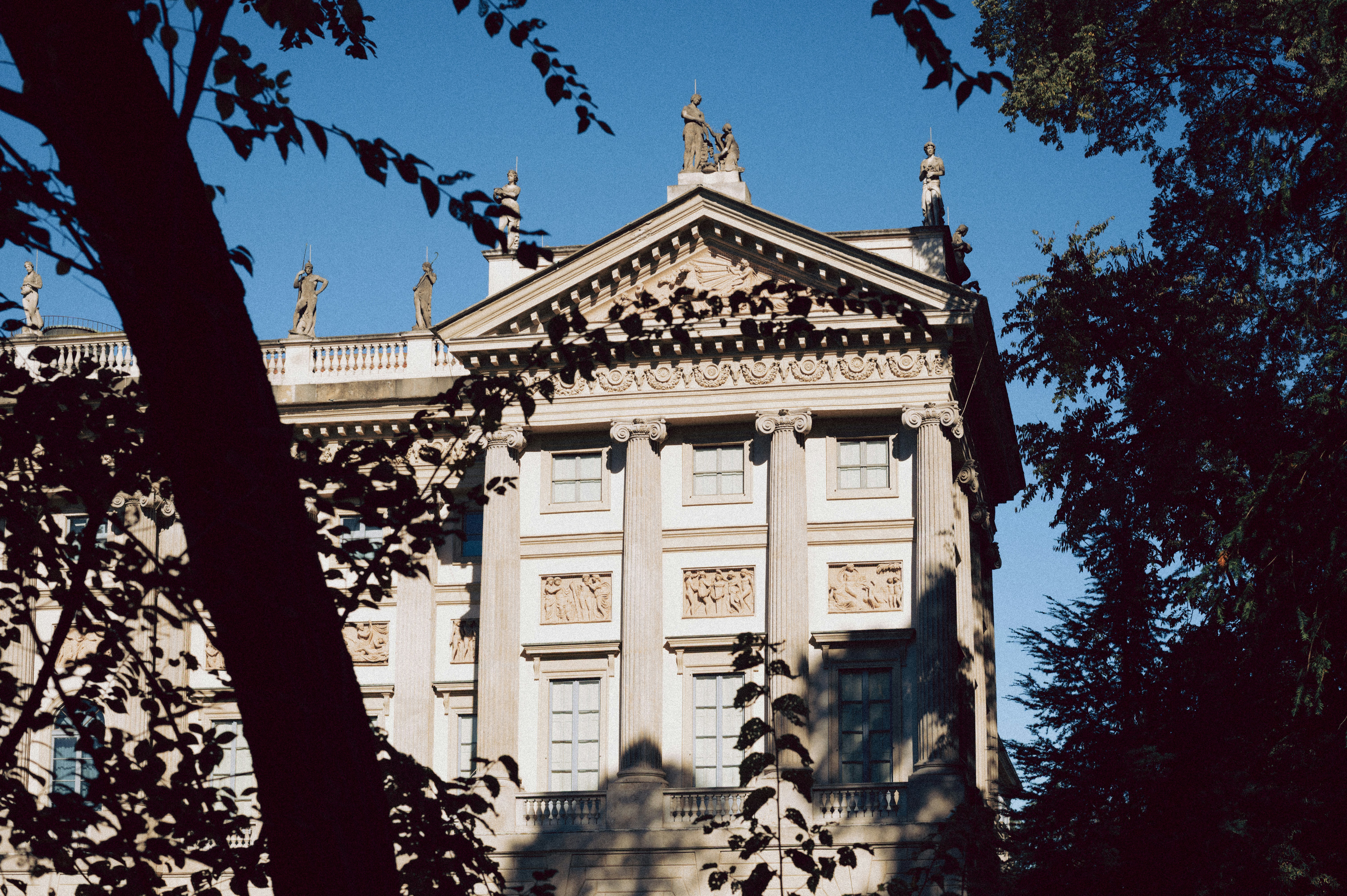 Verzierte Gebäudefassade durch Äste gesehen