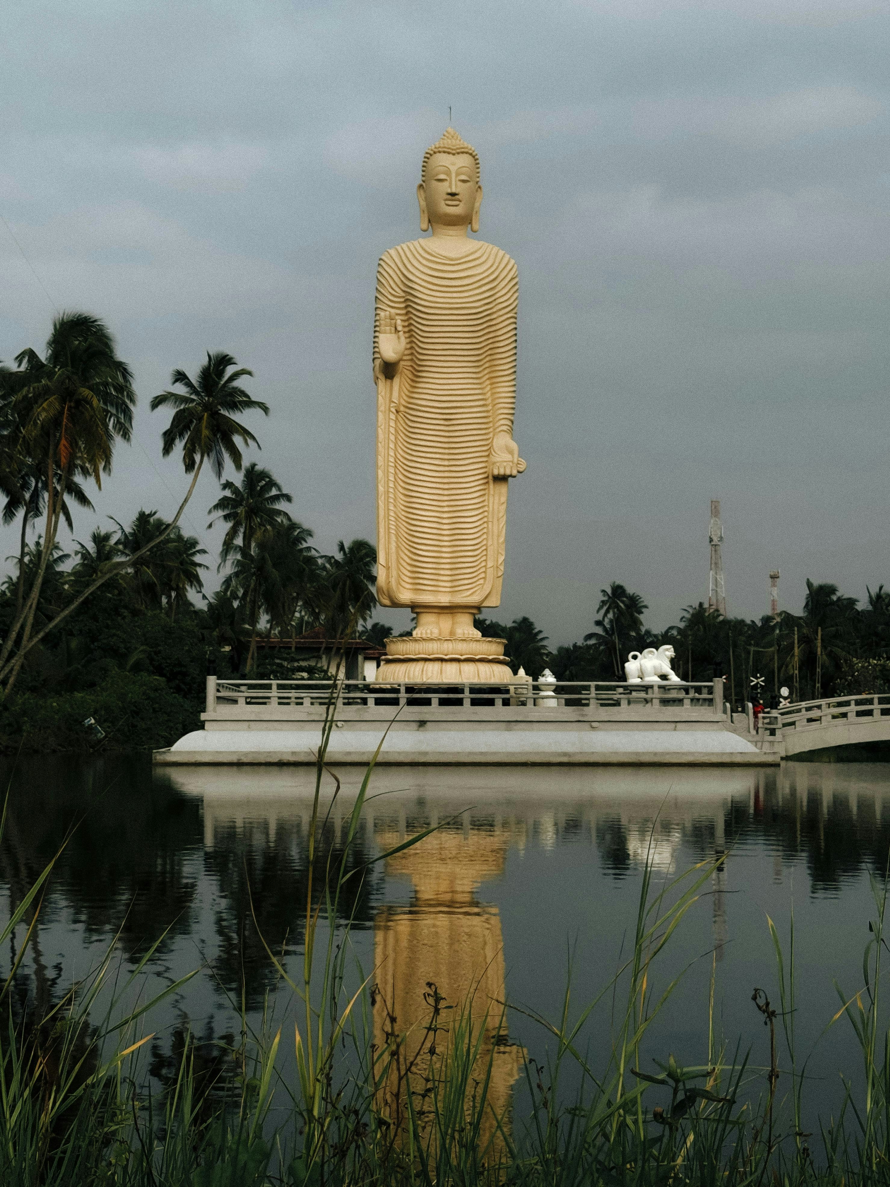 A tall golden buddha statue reflected in water