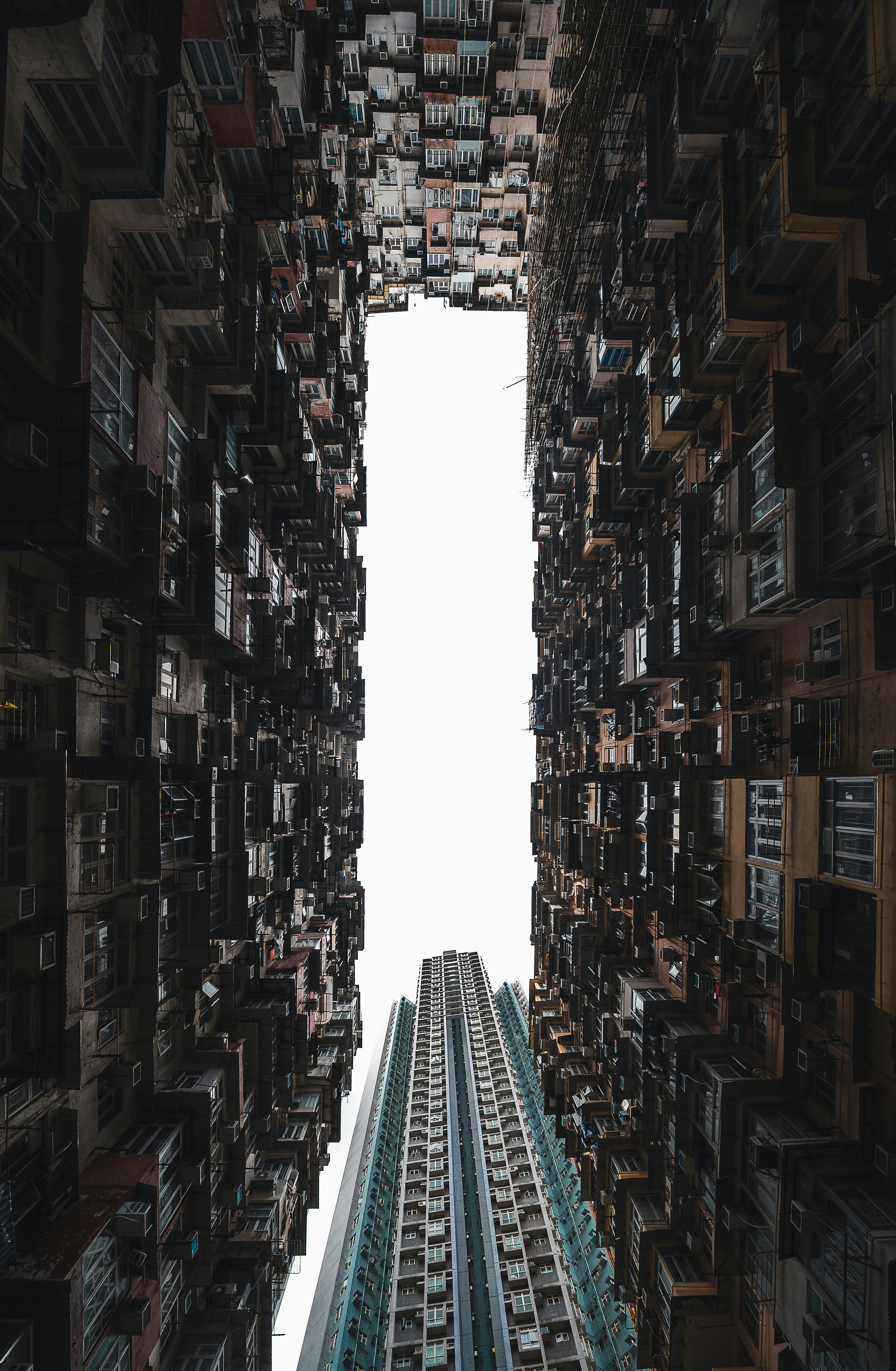 Dense apartment buildings towering towards the sky.