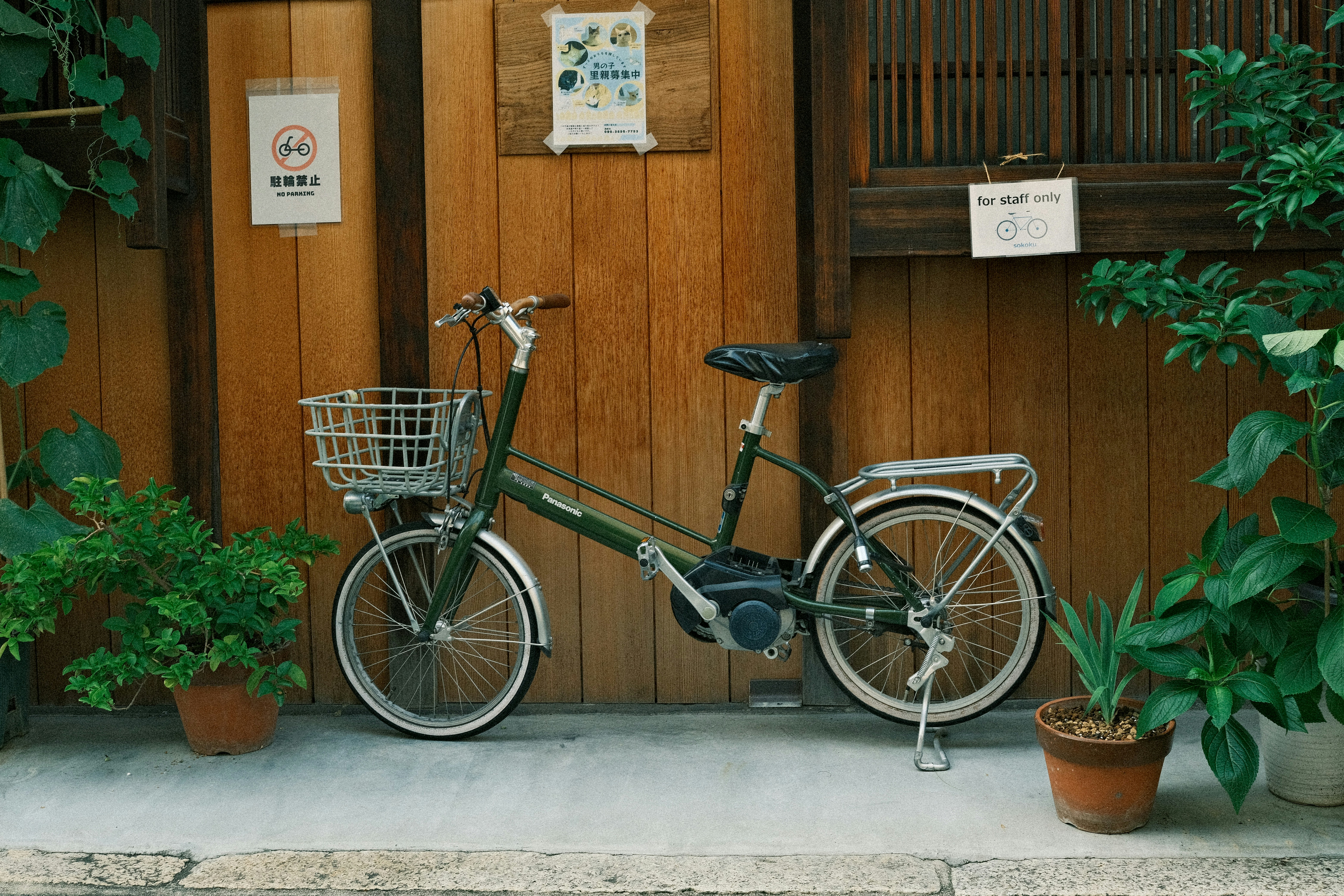 Bicycle with basket parked against wooden wall