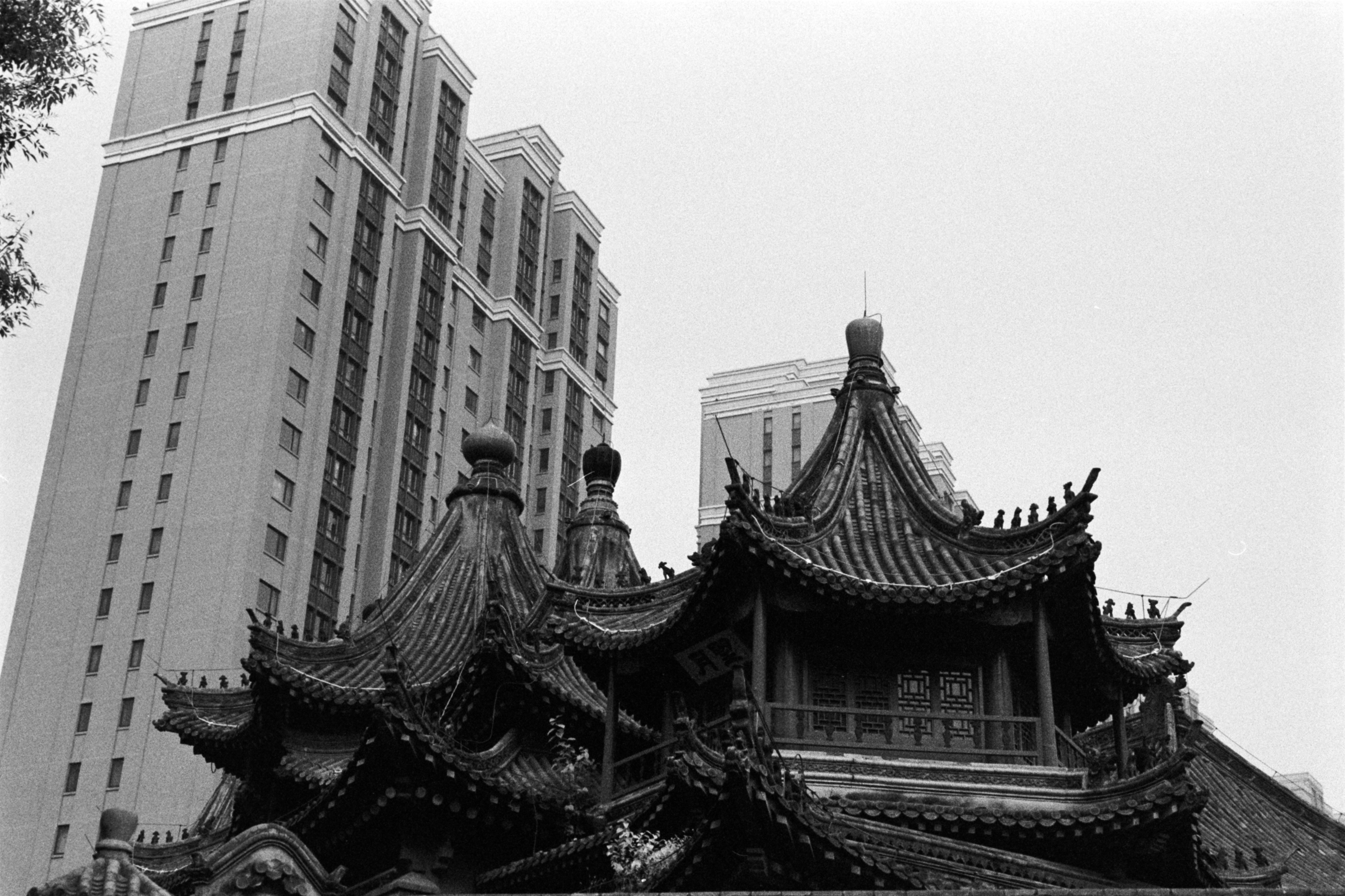 Traditional pagoda in front of modern skyscrapers
