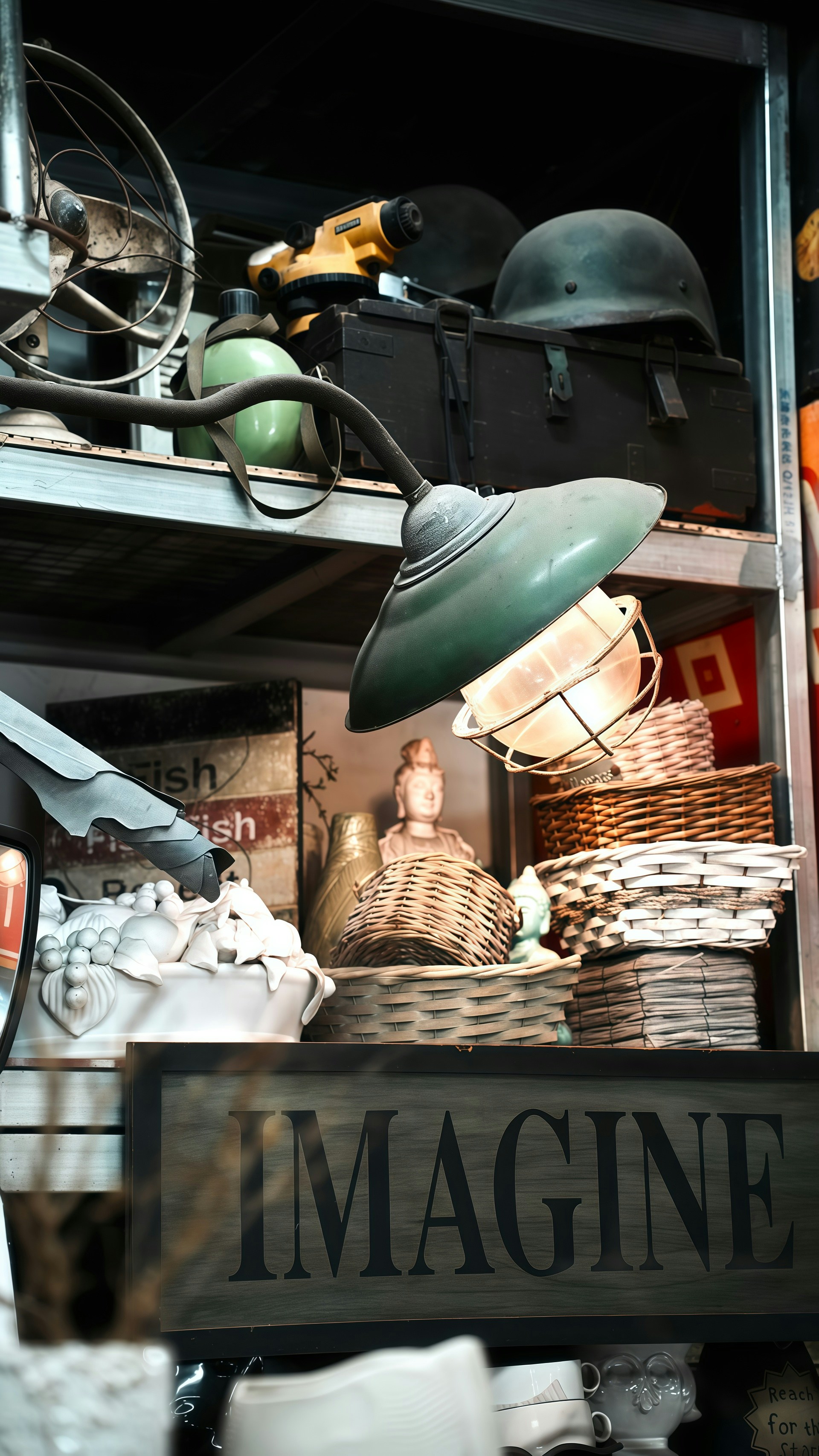 Shelves filled with vintage items and baskets