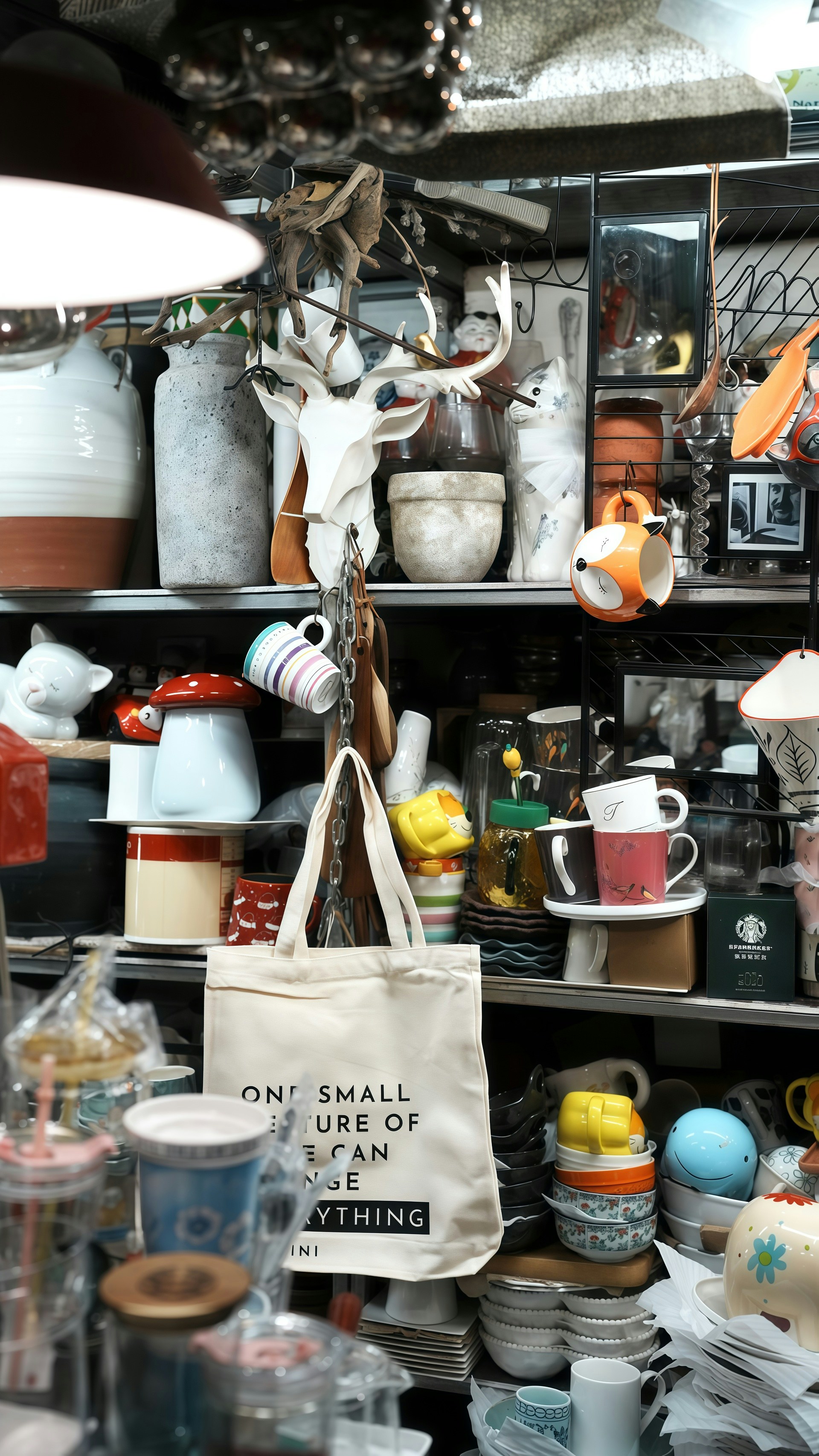 Shelves filled with various decorative items and kitchenware.