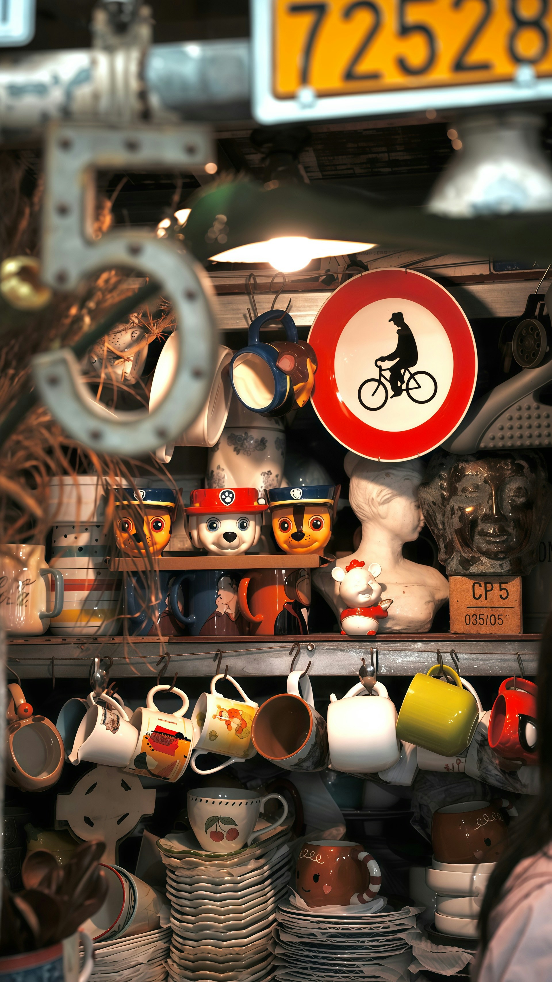 Collection of mugs, plates, and decorative items on shelves.