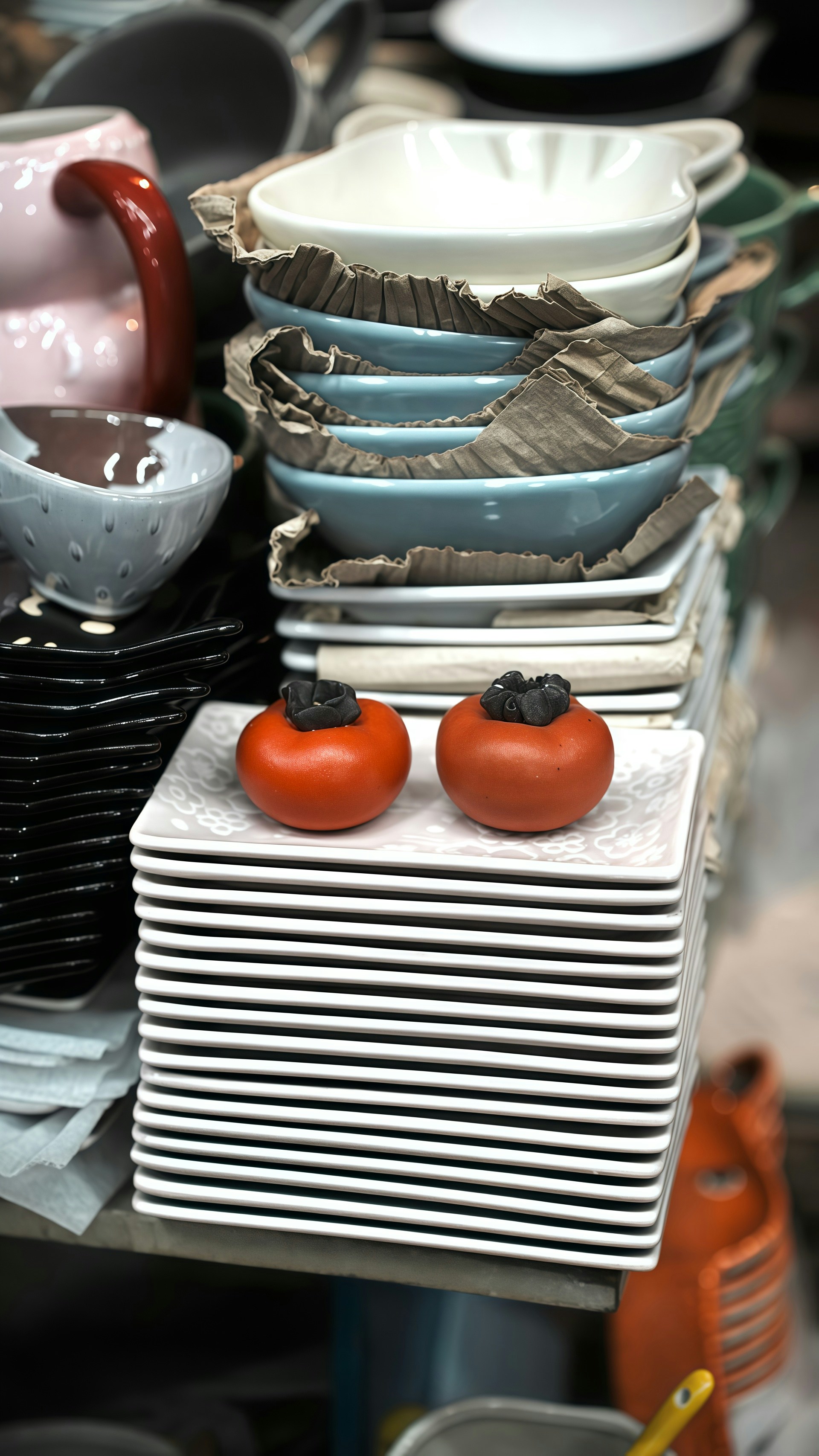 Two persimmons sit atop a stack of white square plates.