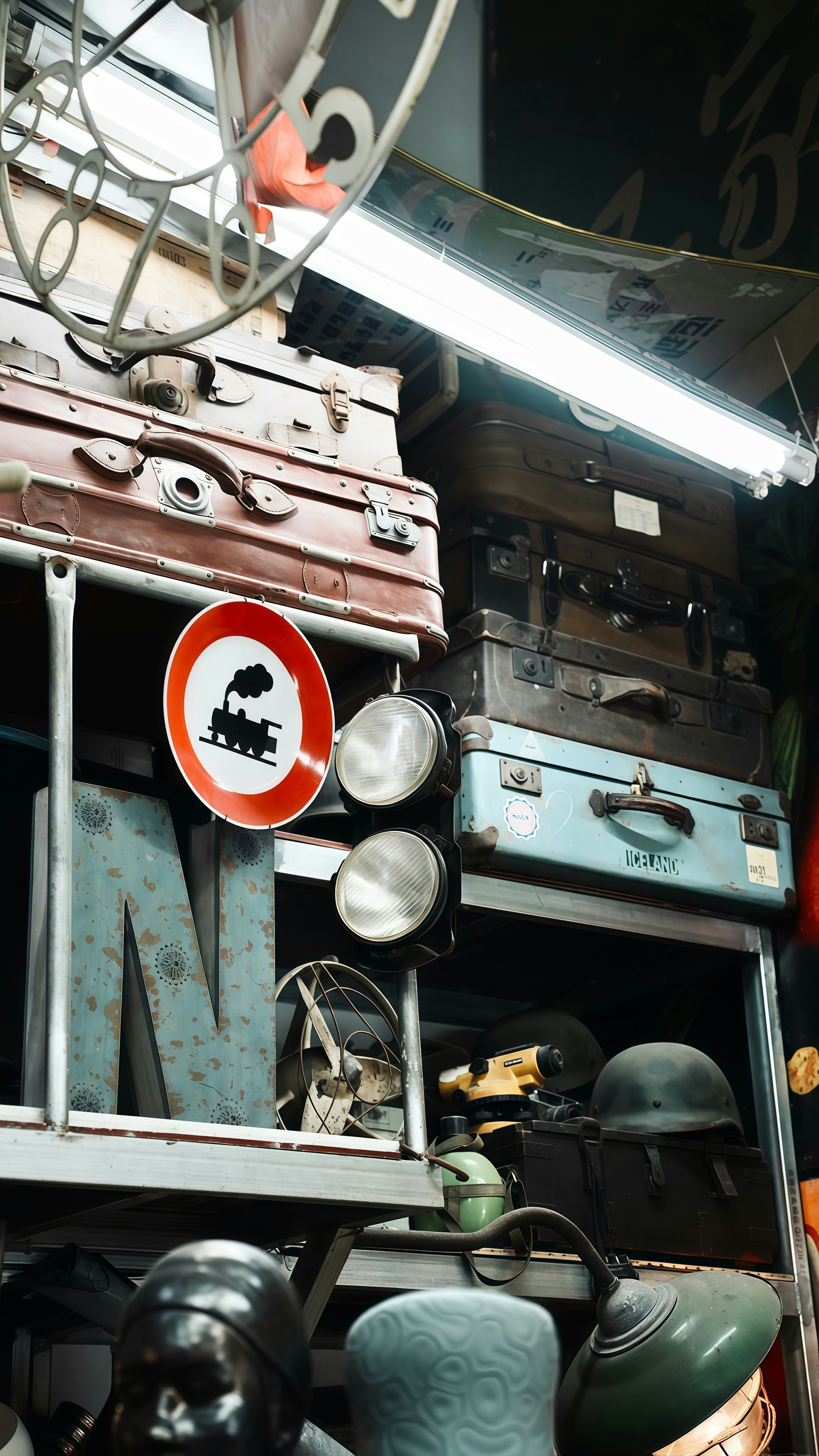 Stack of vintage suitcases and assorted items