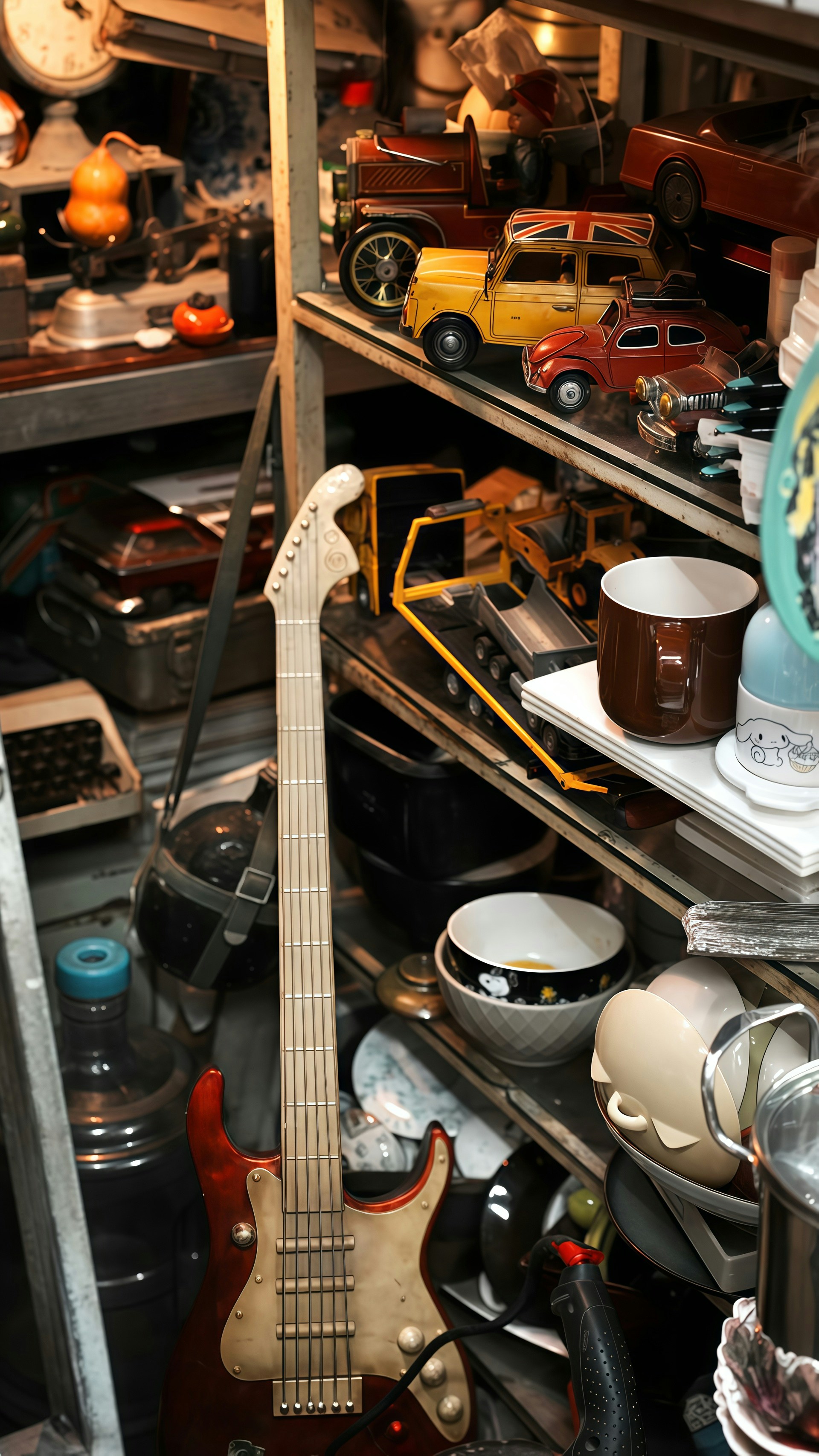 Electric guitar and vintage toys on shelves